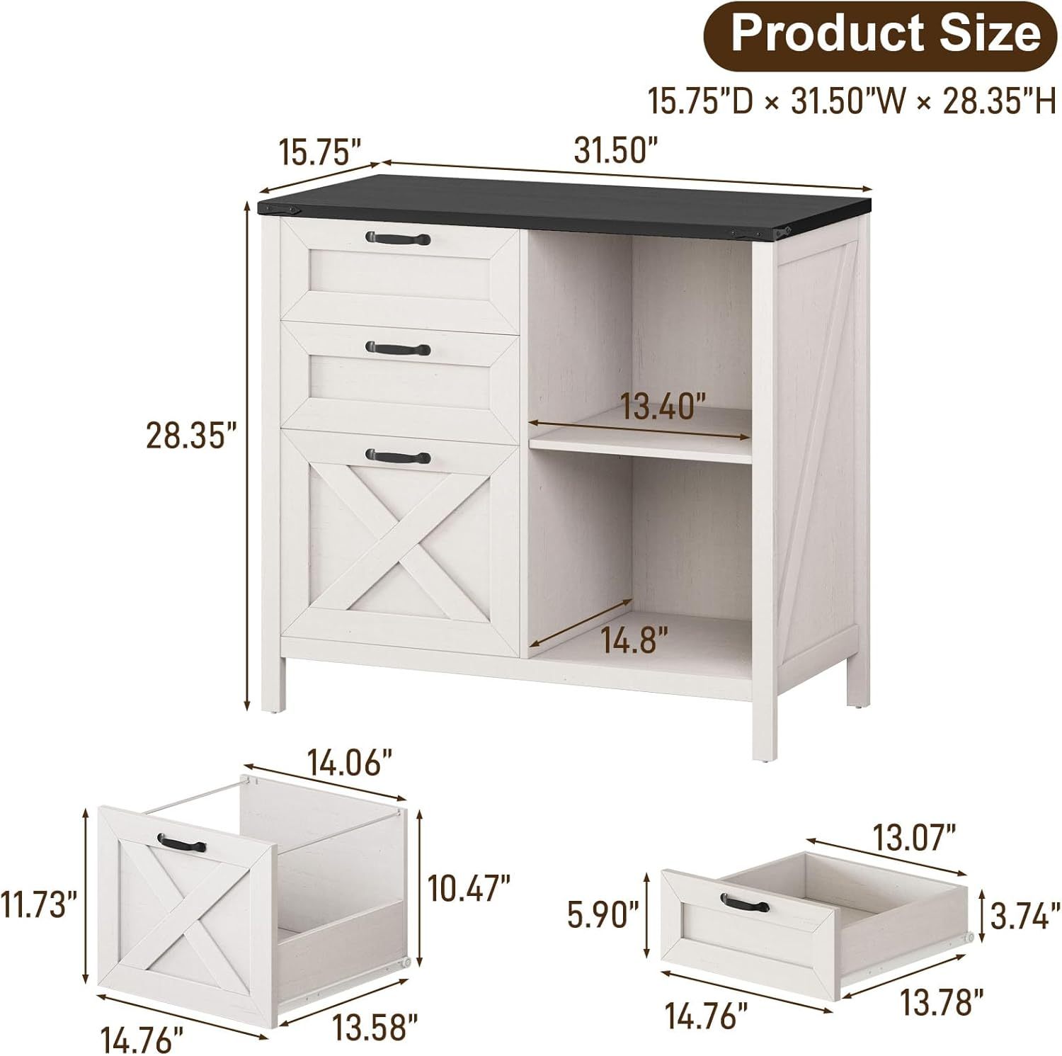 Halitaa 3 Drawer File Cabinet, Farmhouse Lateral Filing Cabinet Fits Files Letter or A4 Size, Wooden Printer Stand with Open Storage Adjustable Shelf for Home Office