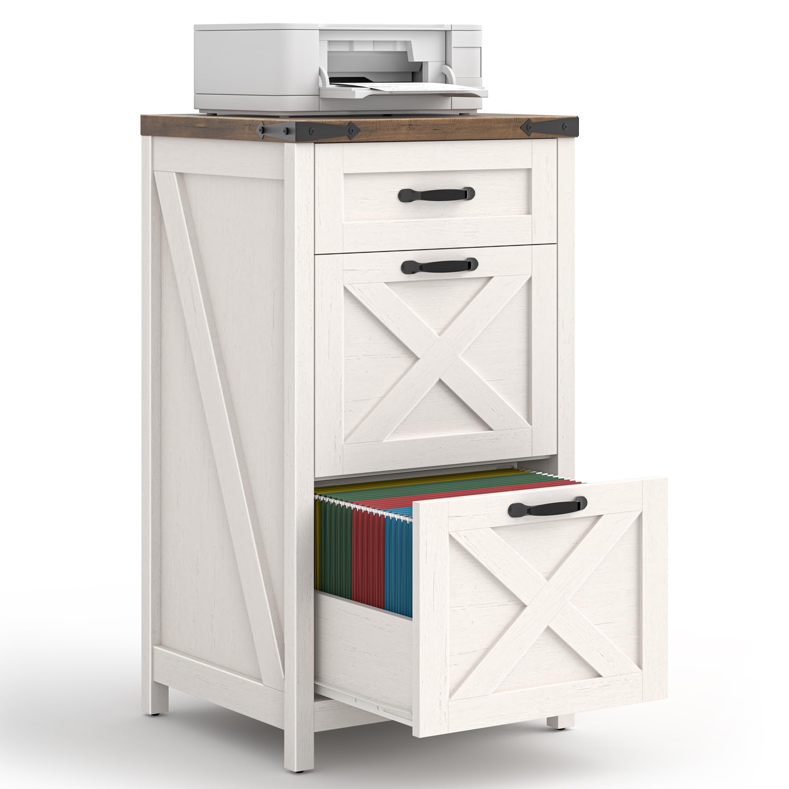 Halitaa Farmhouse File Cabinet with 3 Drawers for Home Office, Rustic White|Vertical Filing Cabinet Fits Letter/A4 Size, Wood File Cabinet Printer Stand for Living Room