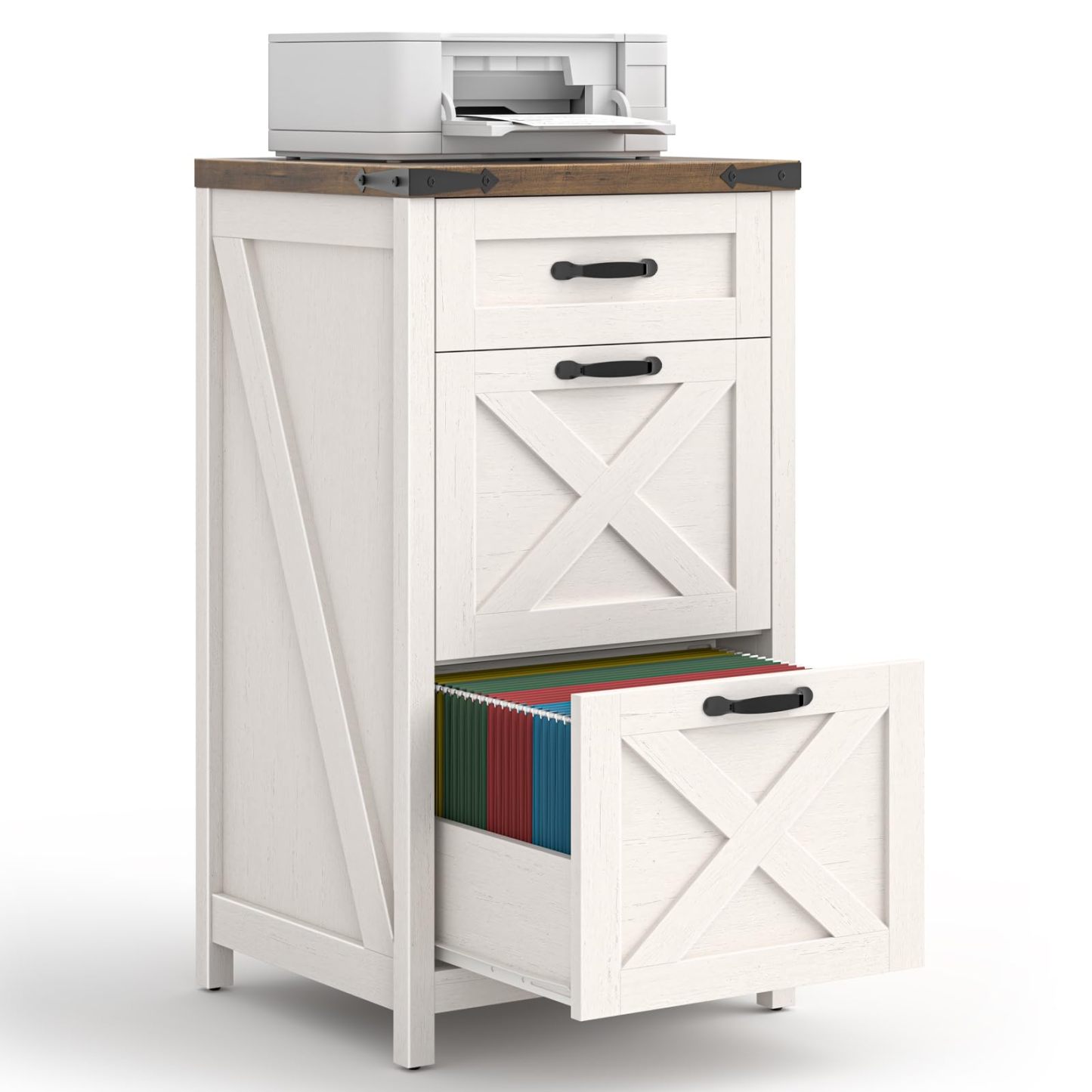 Halitaa Farmhouse File Cabinet with 3 Drawers for Home Office, Rustic White|Vertical Filing Cabinet Fits Letter/A4 Size, Wood File Cabinet Printer Stand for Living Room