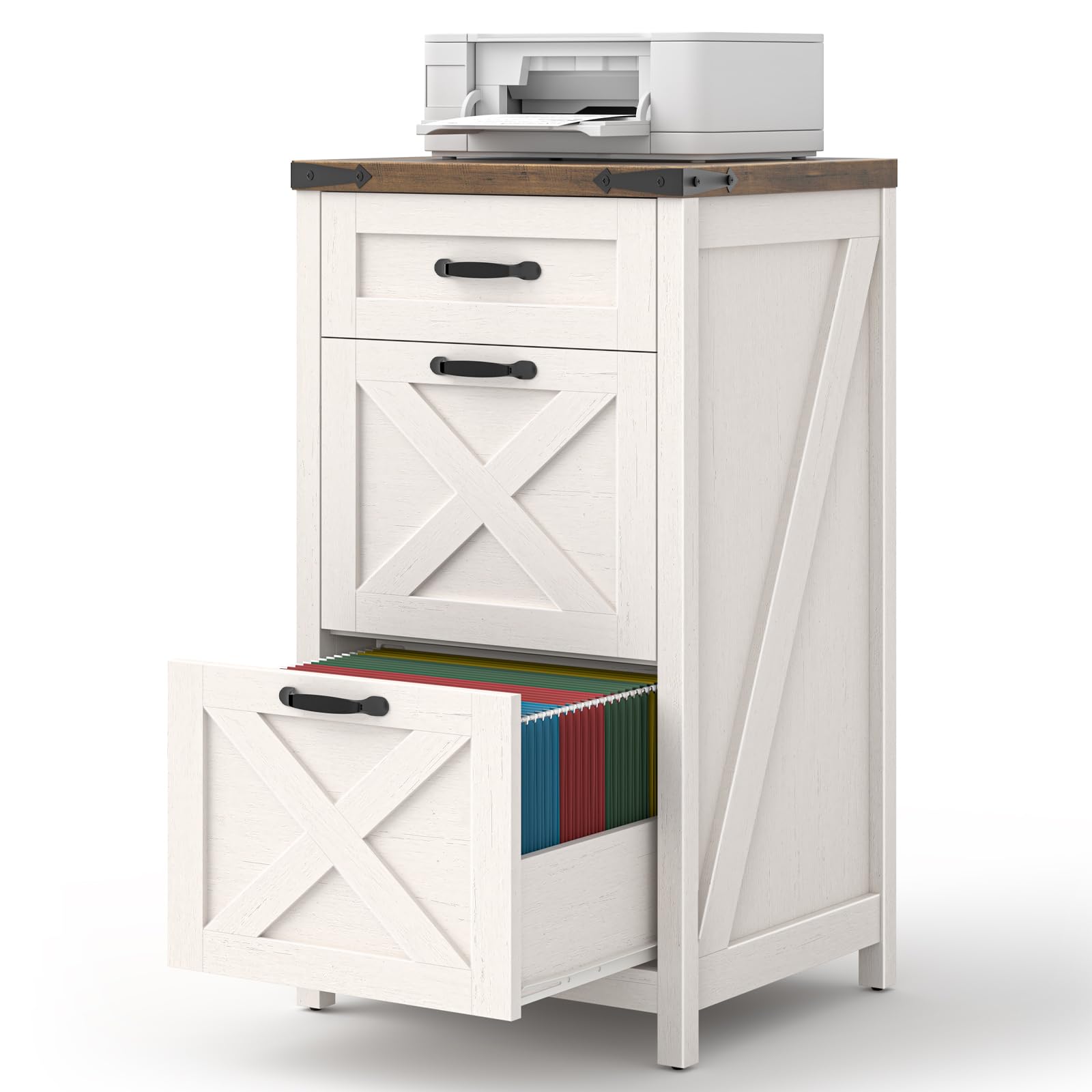 Halitaa Farmhouse Vertical File Cabinet with 3 Drawers, Wooden Small Filing Cabinet Fits Letter/A4 Size, Printer Stand for Home Office and Living Room, Rustic White