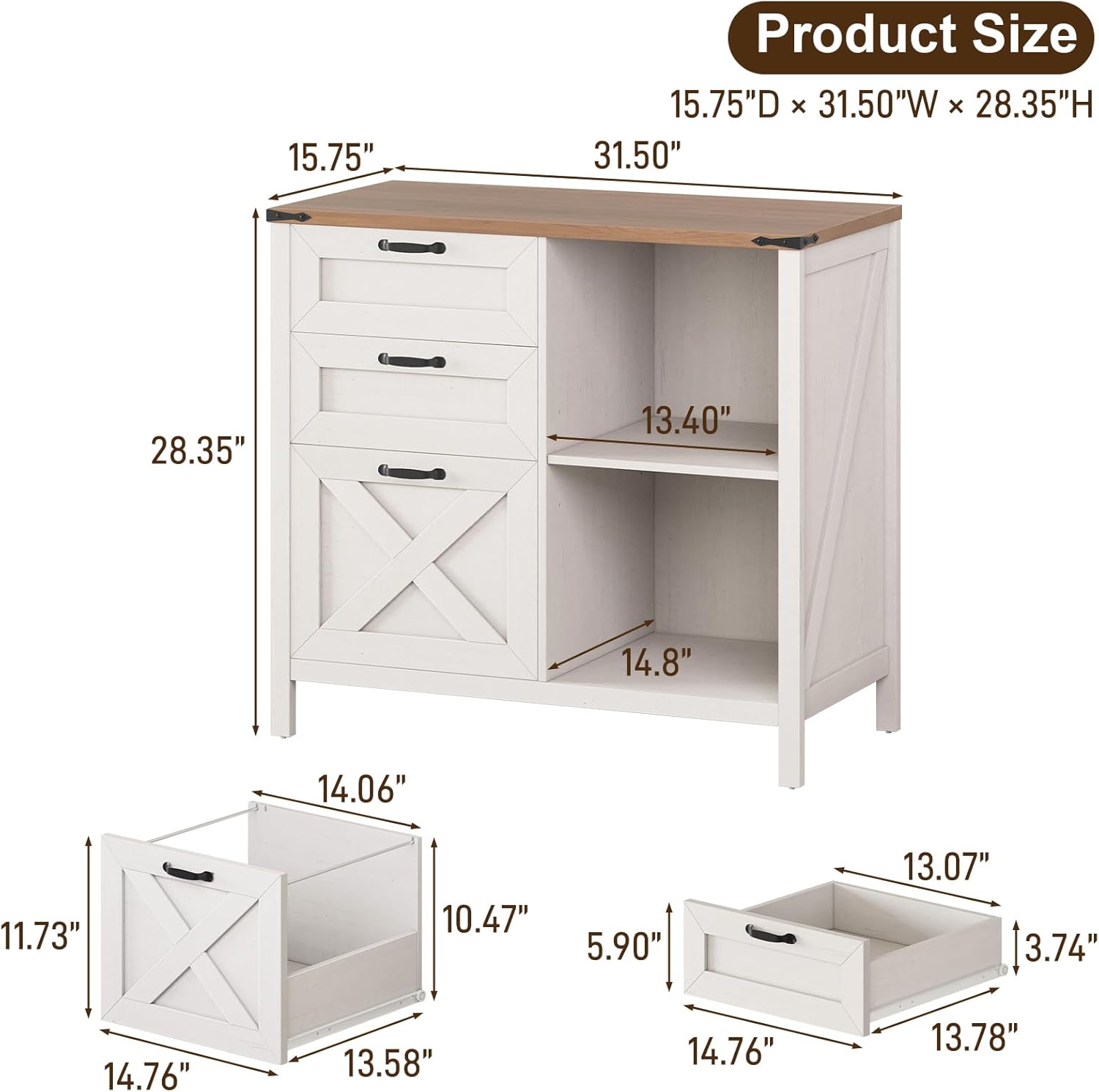 Halitaa 3 Drawer File Cabinet, Farmhouse Lateral Filing Cabinet Fits Files Letter or A4 Size, Wooden Printer Stand with Open Storage Adjustable Shelf for Home Office