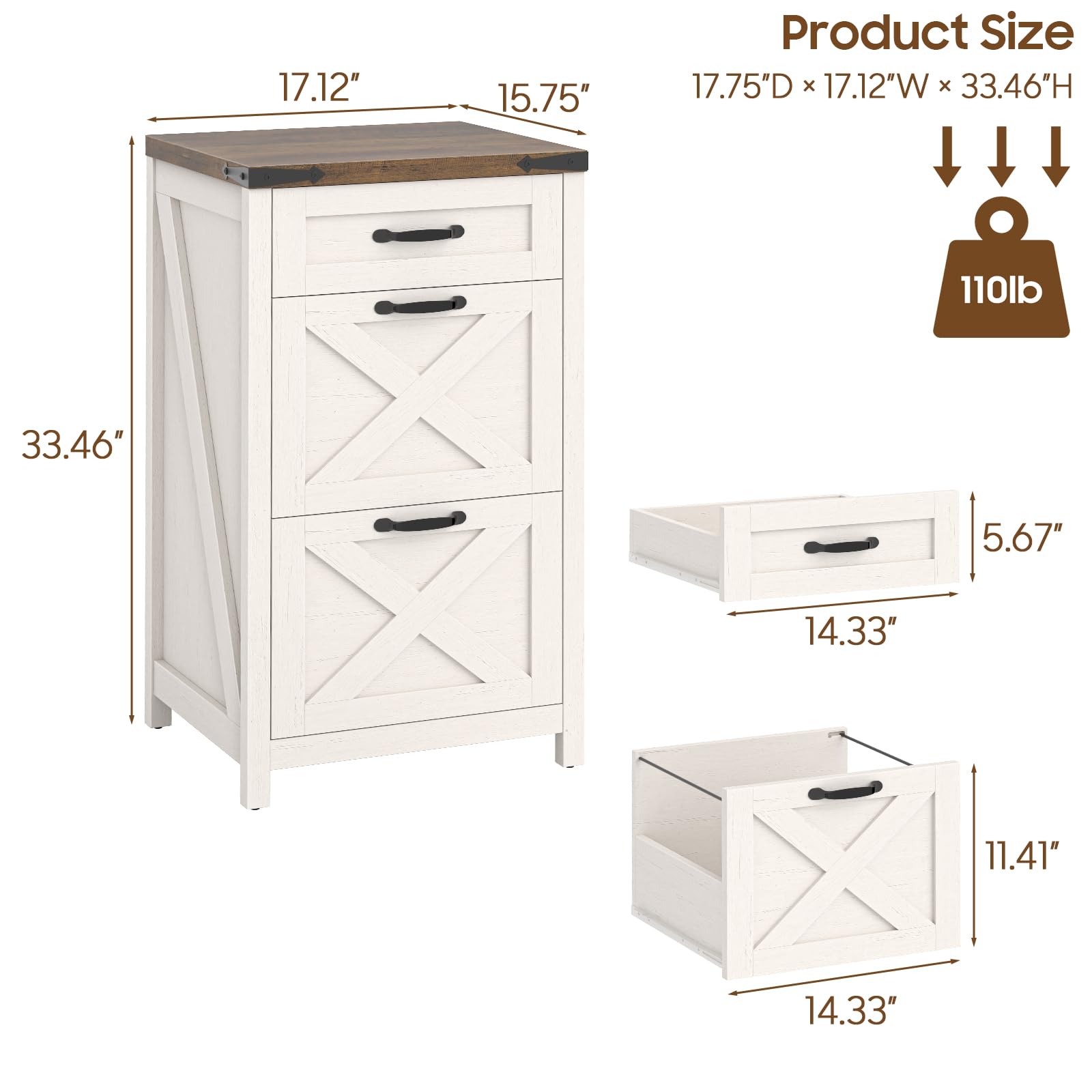 Halitaa Farmhouse Vertical File Cabinet with 3 Drawers, Wooden Small Filing Cabinet Fits Letter/A4 Size, Printer Stand for Home Office and Living Room, Rustic White