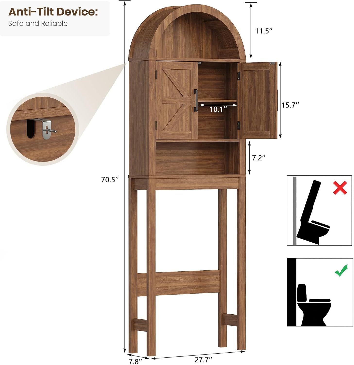 Halitaa Arched Over The Toilet Storage Cabinet with Barn Doors | Wooden Small Organizer, Farmhouse Style Bathroom Cabinet with Adjustable Shelf, Freestanding Bathroom Storage Cabinet
