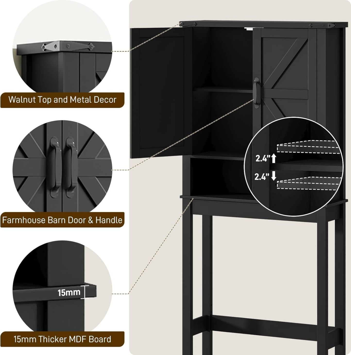 Over The Toilet Storage Cabinet, Farmhouse Over Toilet Bathroom Organizer with 2 Barn Doors, Narrow Above Toilet Storage Cabinet, Behind Toilet Bathroom Organizer