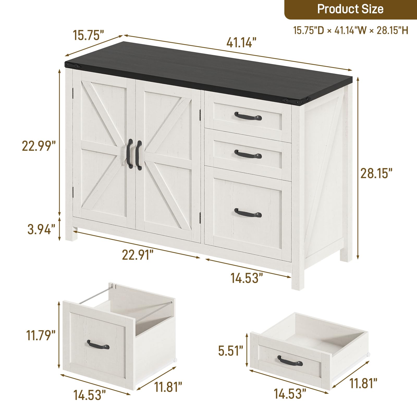 Halitaa 3 Drawer File Cabinet, Farmhouse Lateral Filing Cabinet, White and Black|File Cabinet with Doors for Letter/A4 Size Hanging Files, Large Wood Storage Cabinets Printer Stand for Home Office