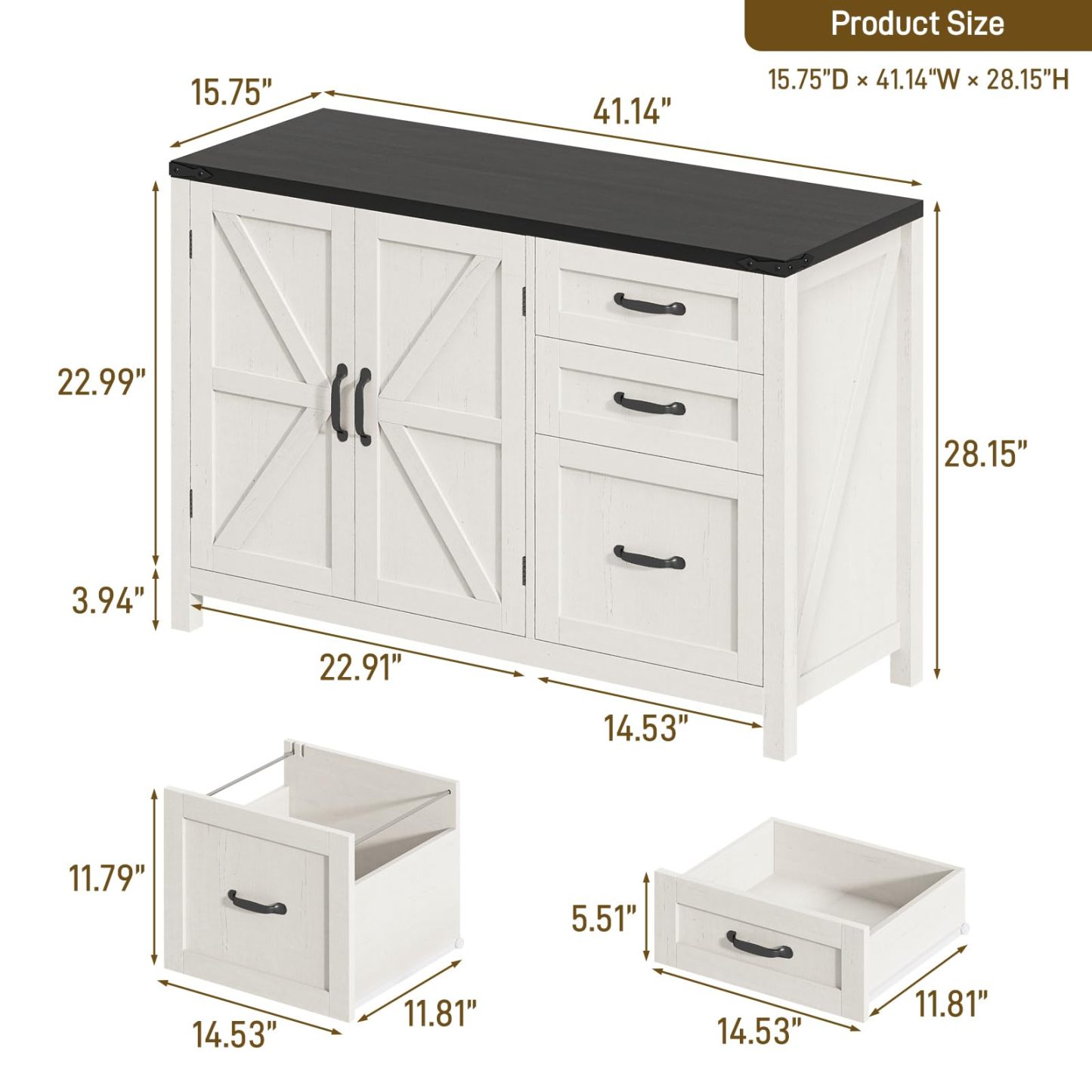 Halitaa 3 Drawer File Cabinet, Farmhouse Lateral Filing Cabinet, White and Black|File Cabinet with Doors for Letter/A4 Size Hanging Files, Large Wood Storage Cabinets Printer Stand for Home Office