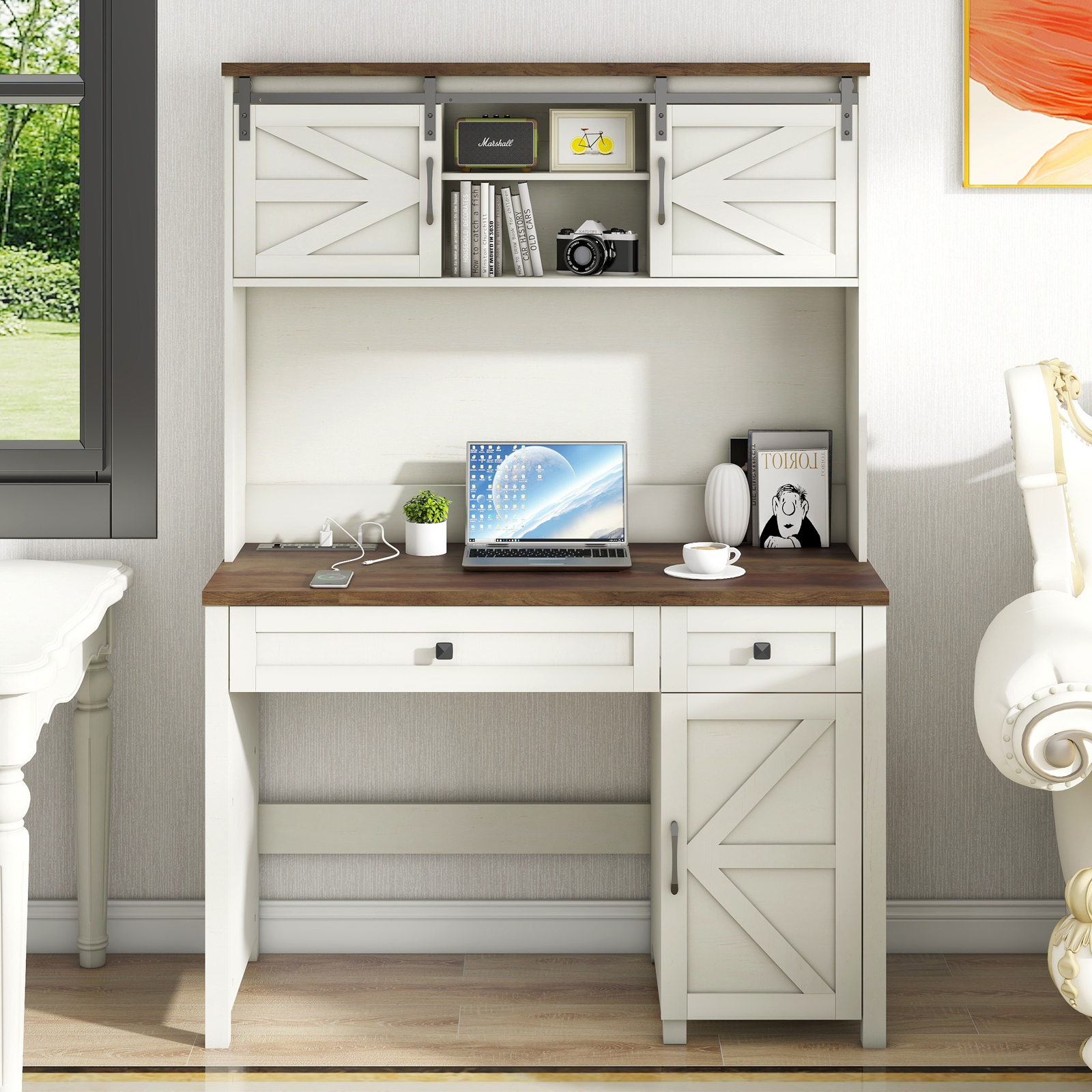 Farmhouse 47" Executive Desk, Computer Desk with Drawers and Storage Cabinet, Workstation Computer Desk with Hutch for Home Office