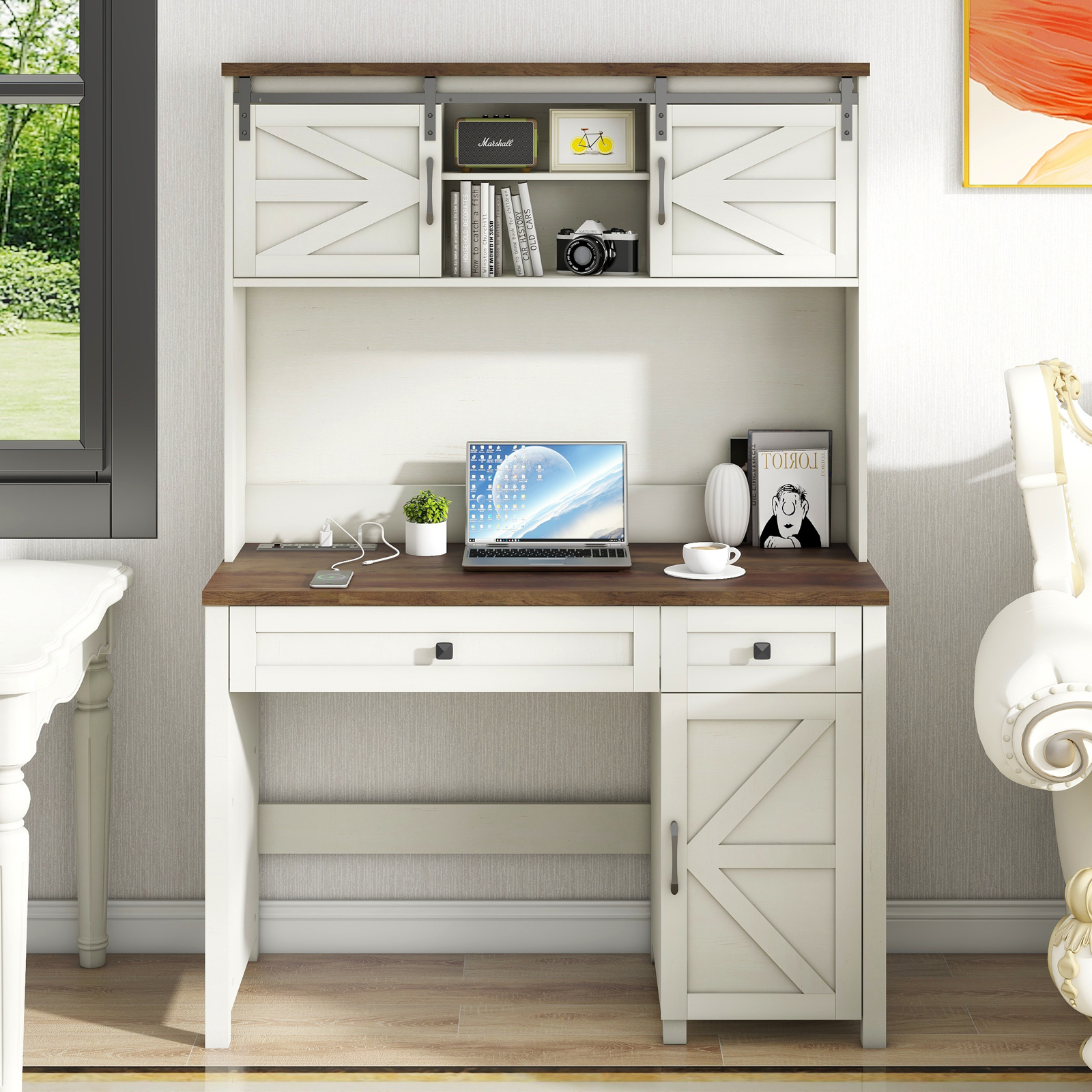 Farmhouse 47" Executive Desk, Computer Desk with Drawers and Storage Cabinet, Workstation Computer Desk with Hutch for Home Office