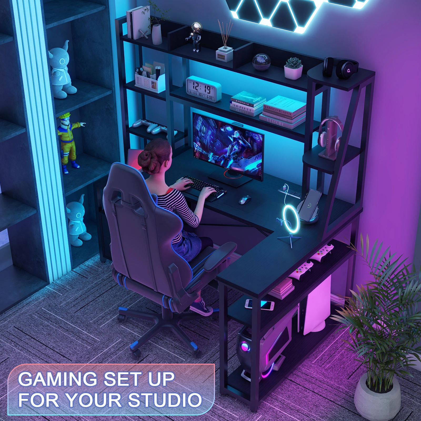 Vabches L Shaped Computer Desk with LED Lights and Power Outlets, L Shaped Gaming Desk with 2 Drawers Hutch Monitor Stand