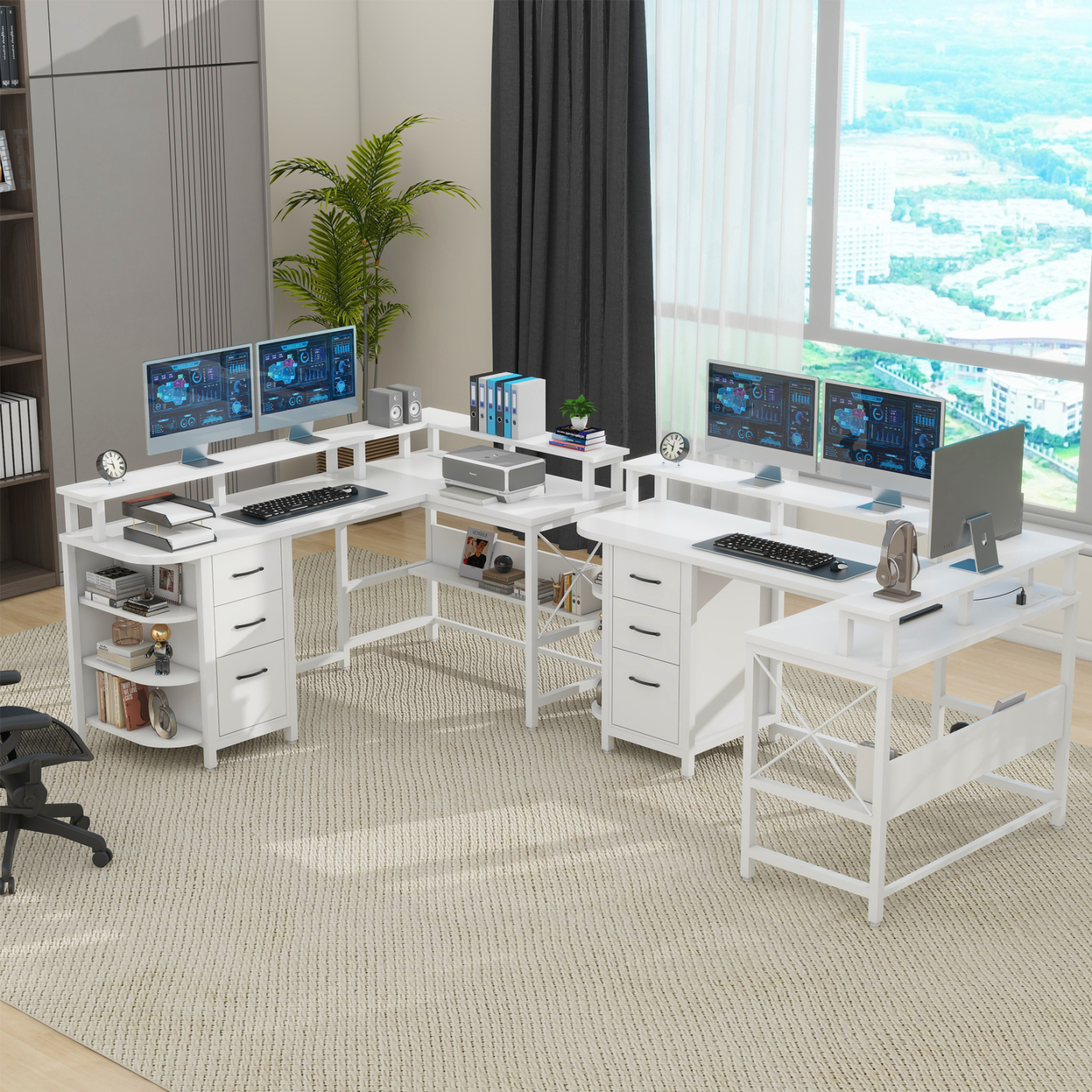 Vabches 67" L Shaped Computer Desk with LED Lights and Power Outlets, Reversible Gaming Desk with 3 Drawers Hutch