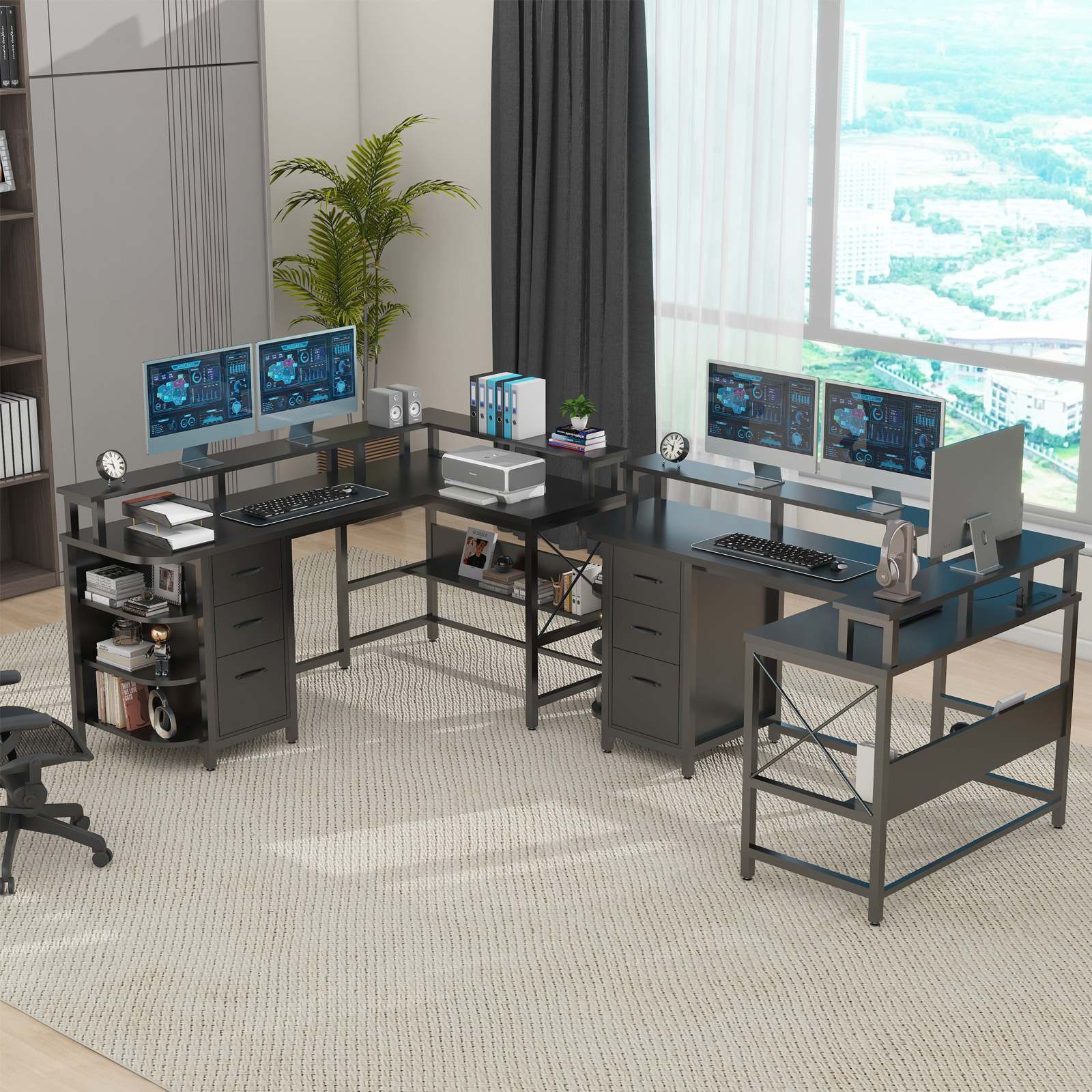 Vabches 67" L Shaped Computer Desk with LED Lights and Power Outlets, Reversible Gaming Desk with 3 Drawers Hutch for Adolescents and Adults