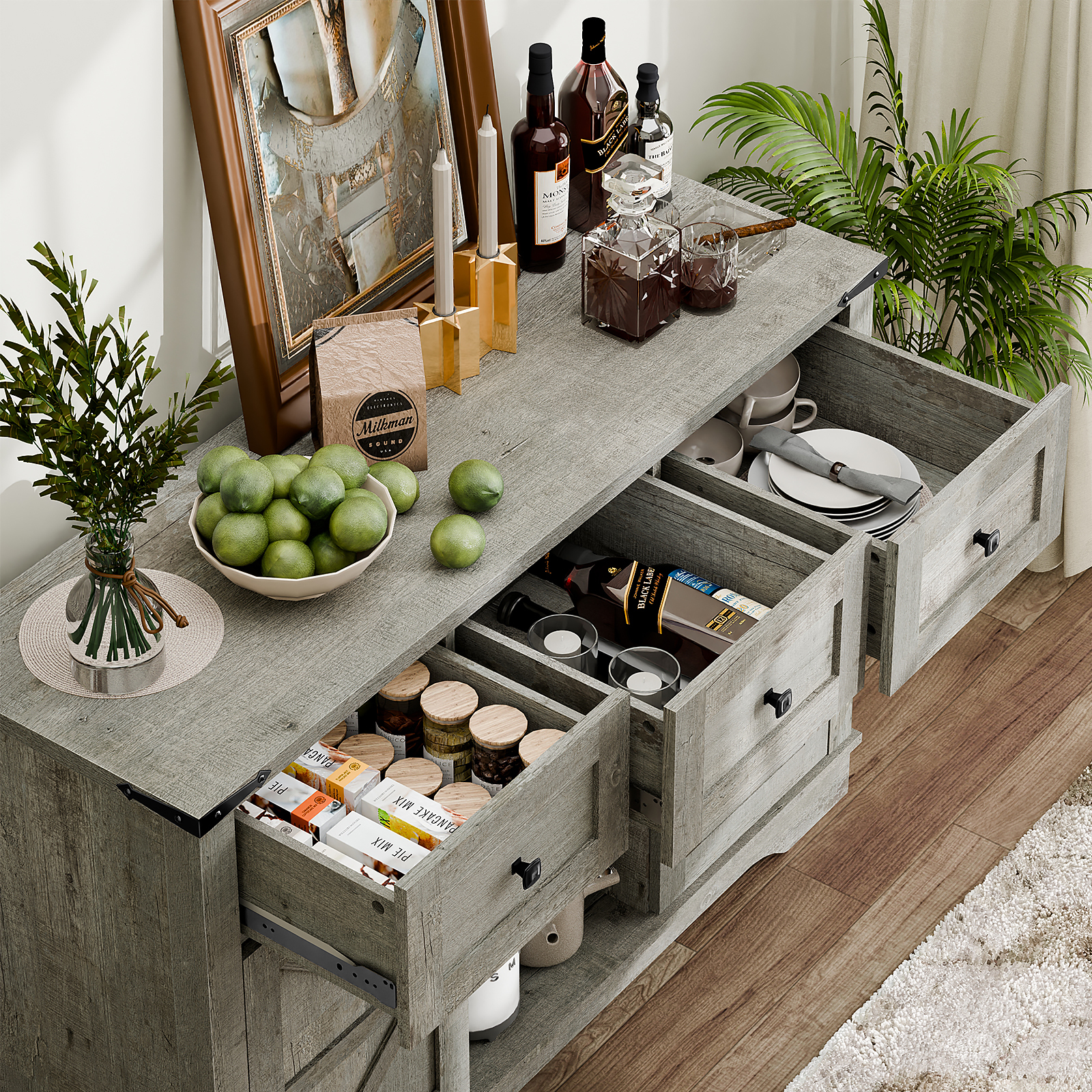 The Vabches Farmhouse Buffet Cabinet features barn-style doors, drawers, and shelves, providing ample storage for living rooms, dining rooms, and kitchens