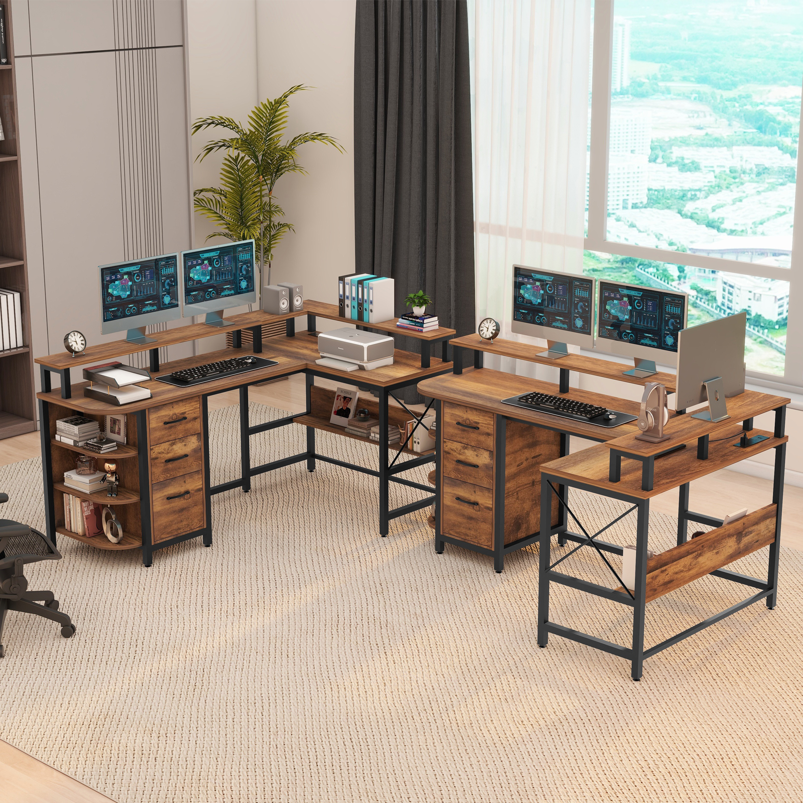 Vabches 67" L Shaped Computer Desk with LED Lights and Power Outlets, Reversible L Shaped Gaming Desk with 3 Drawers Hutch Monitor Stand