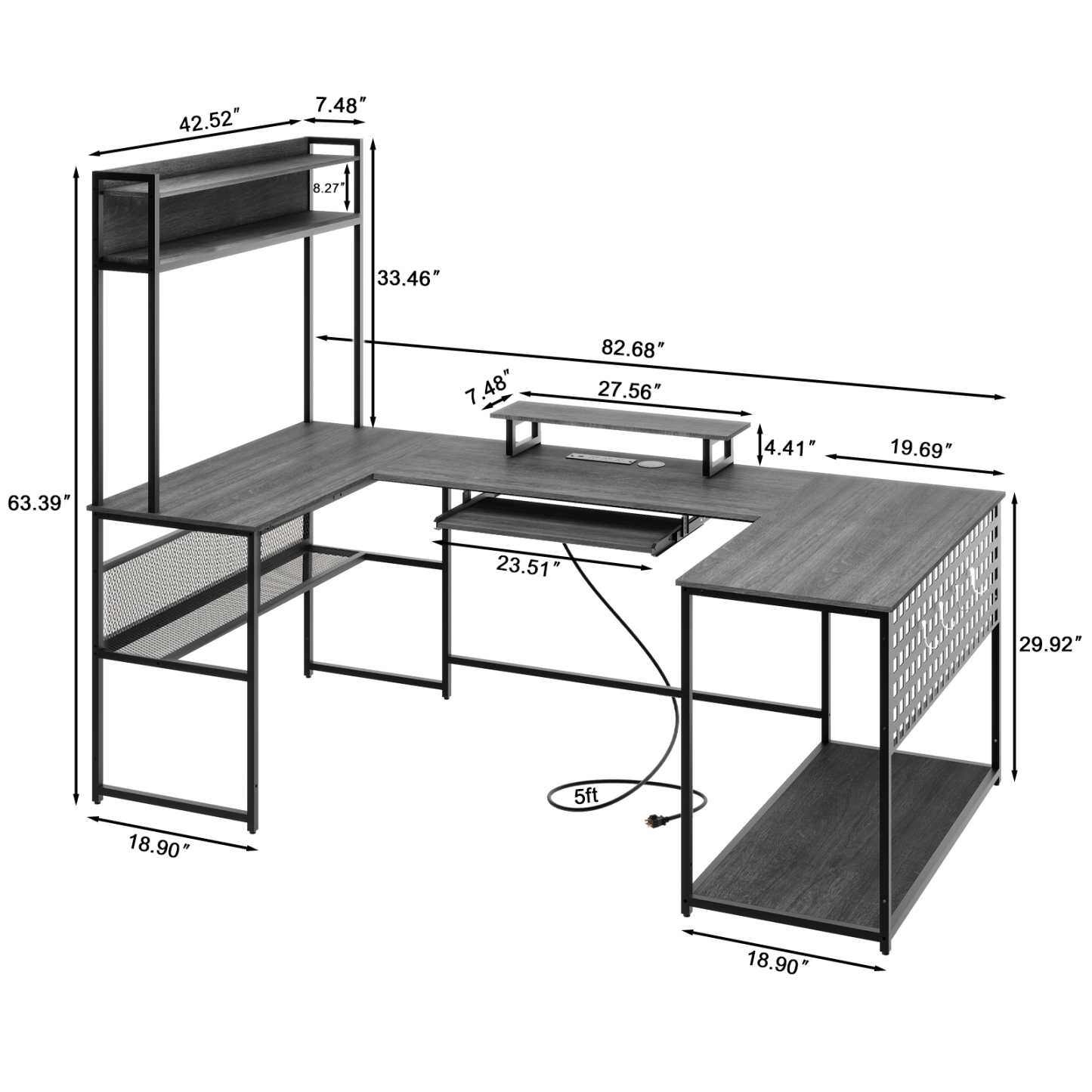 Vabches U Shaped Office Desk with LED Lights, L Shaped Desk with Power Outlet and Monitor Stand, Grey
