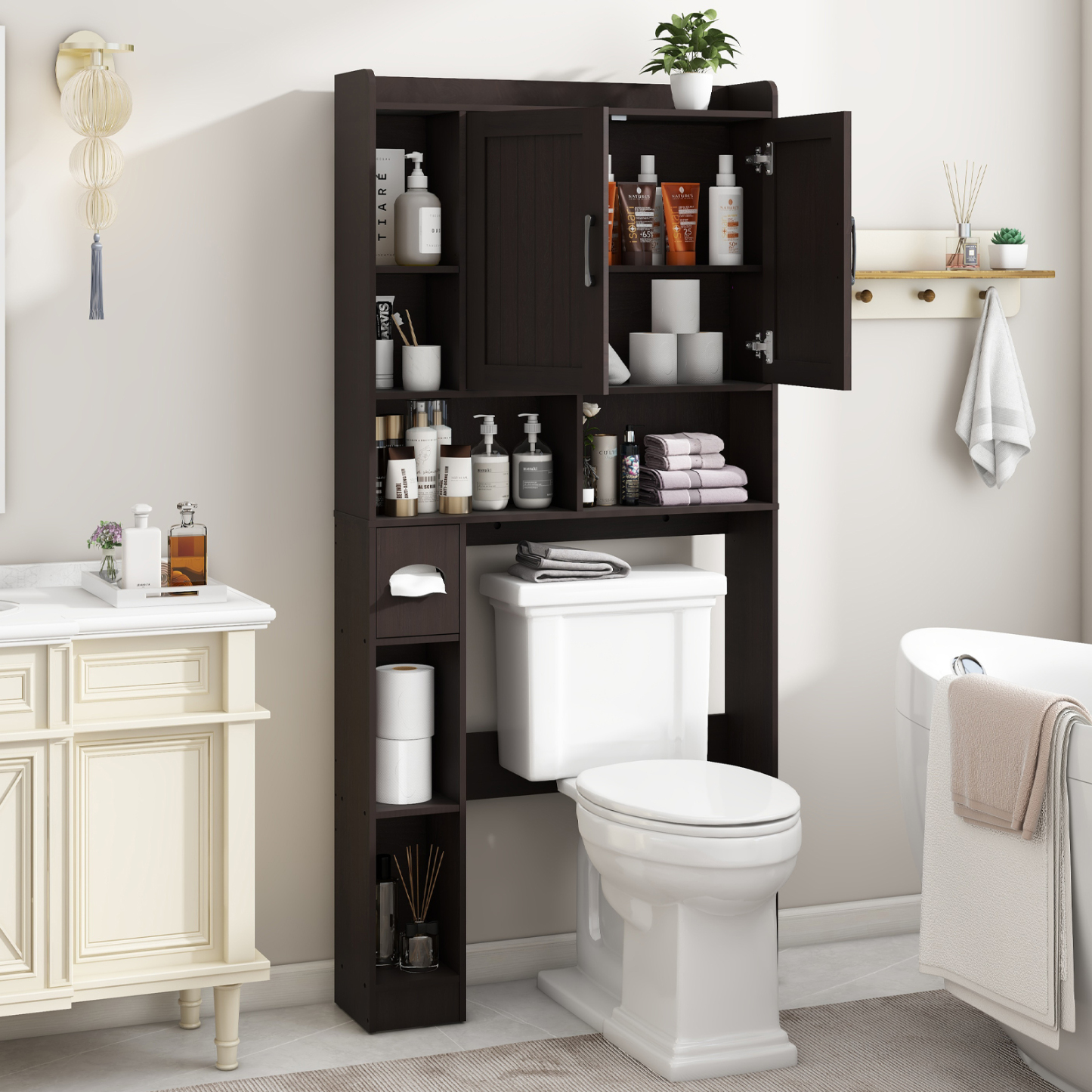 Over The Toilet Storage Cabinet, Farmhouse Storage Cabinet Over Toilet with 2 Barn Door & Toilet Paper Holder Stand，Home Space-Saving Toilet Rack, for Bathroom, Restroom, Laundry(Espresso)