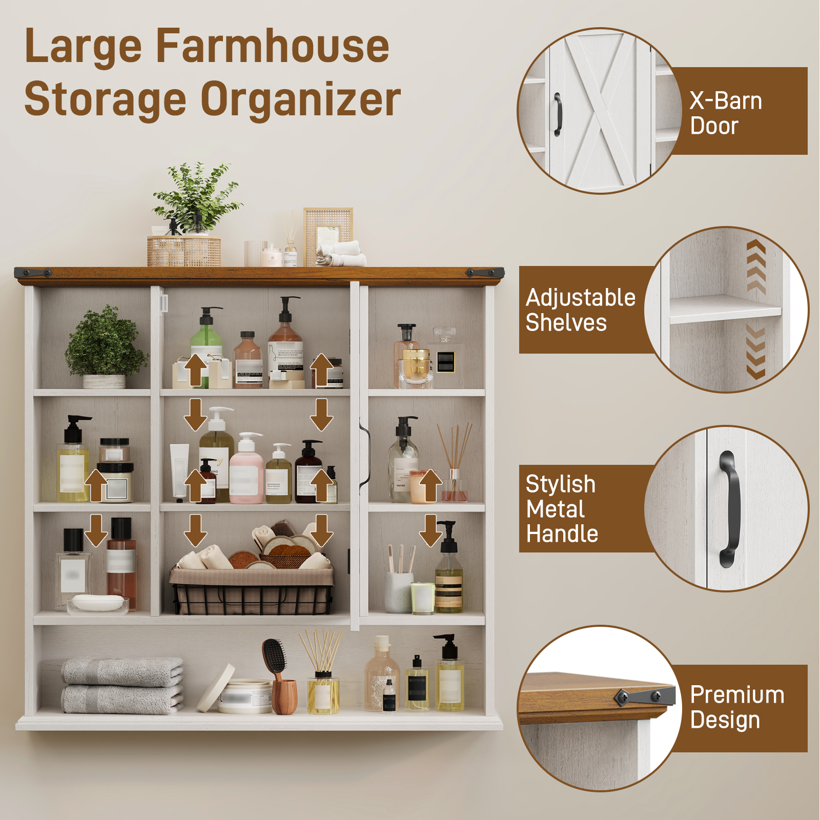 Halitaa Bathroom Wall Cabinet, Farmhouse Medicine Cabinet with Adjustable Shelves and Barn Doors, Large Wall Mounted Over the Toilet Storage Cabinet for Bathroom, Laundry Room, Kitchen