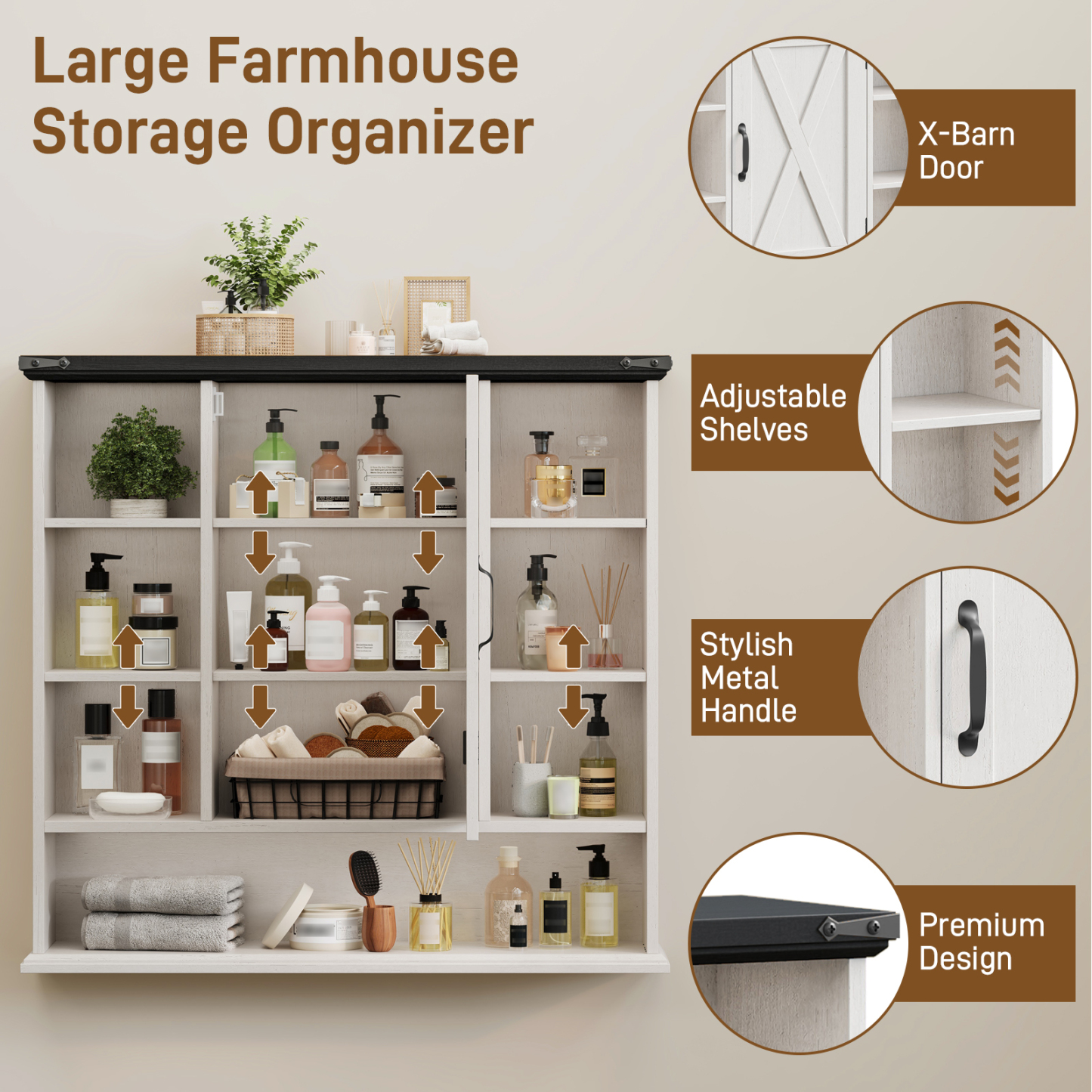 Halitaa Bathroom Wall Cabinet, Farmhouse Medicine Cabinet with Adjustable Shelves and Barn Doors, Large Wall Mounted Over the Toilet Storage Cabinet for Bathroom, Laundry Room, Kitchen