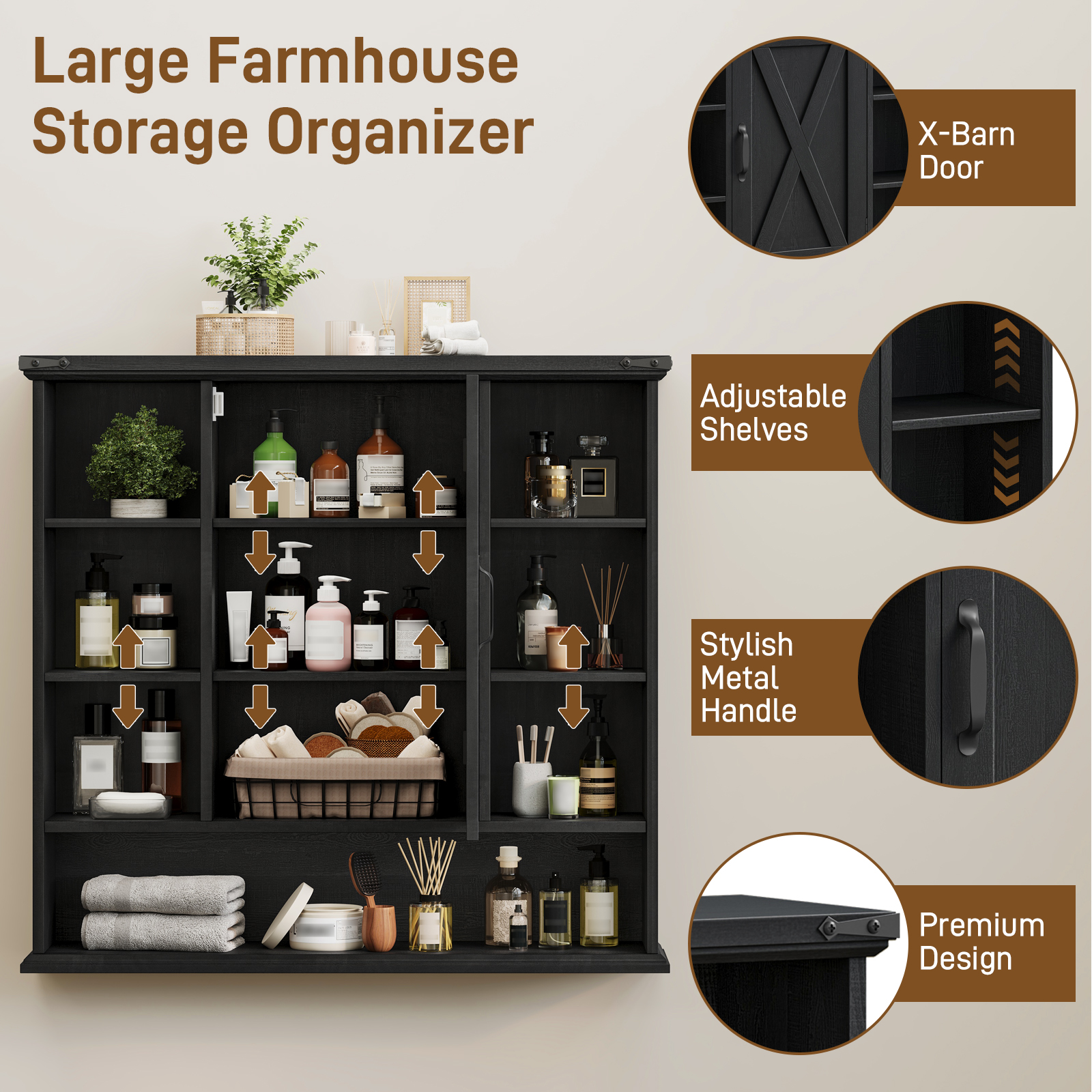 Halitaa Bathroom Wall Cabinet, Farmhouse Medicine Cabinet with Adjustable Shelves and Barn Doors, Large Wall Mounted Over the Toilet Storage Cabinet for Bathroom, Laundry Room, Kitchen