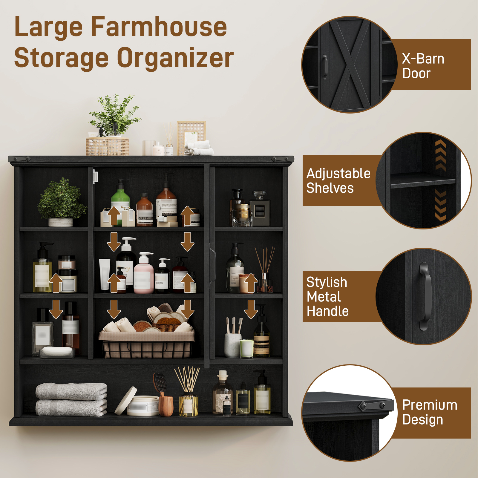 Halitaa Bathroom Wall Cabinet, Farmhouse Medicine Cabinet with Adjustable Shelves and Barn Doors, Large Wall Mounted Over the Toilet Storage Cabinet for Bathroom, Laundry Room, Kitchen