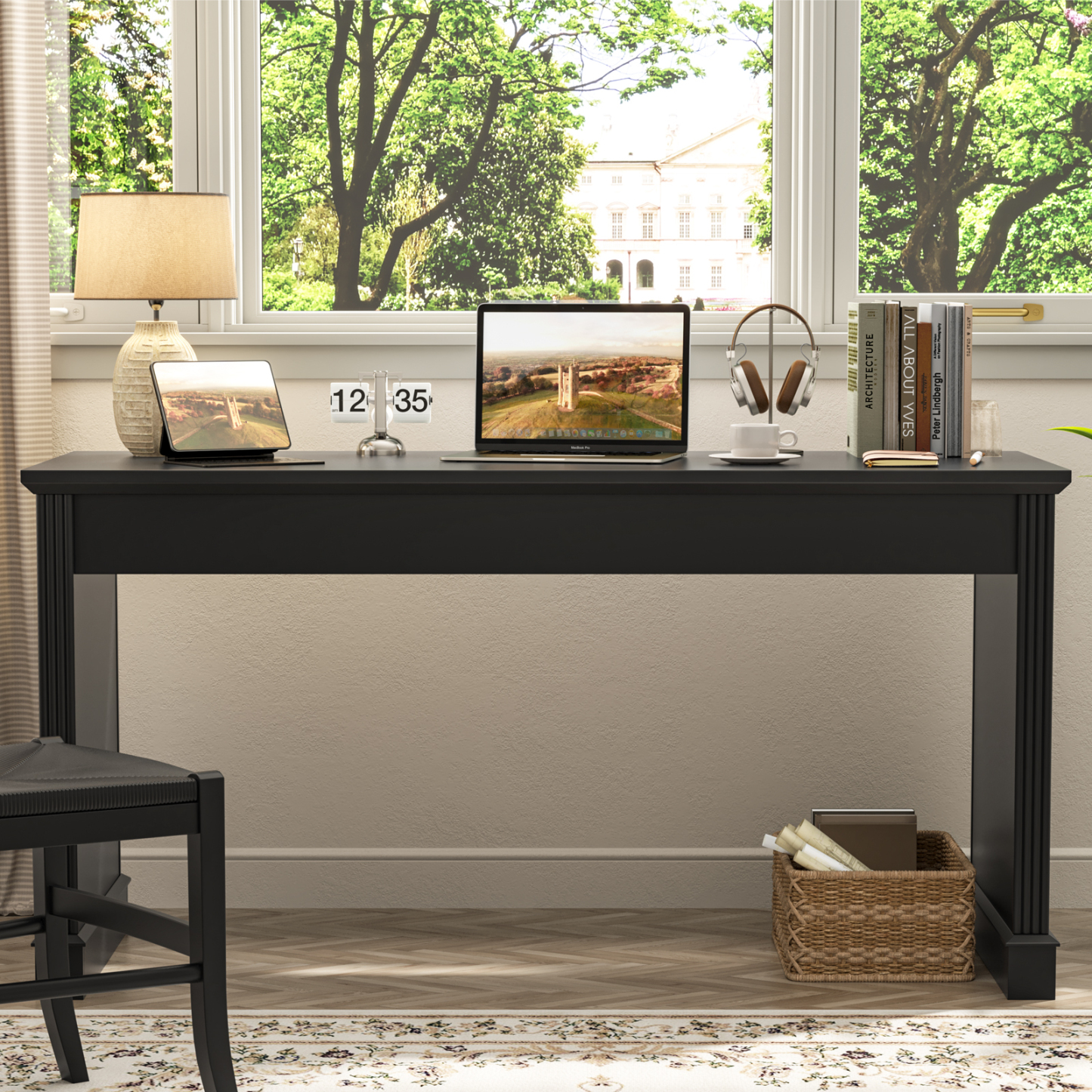 Farmhouse 59" Executive Computer Desk, Simple and Spacious Workstation for Remote Work & Study, Home Office, Pure Black