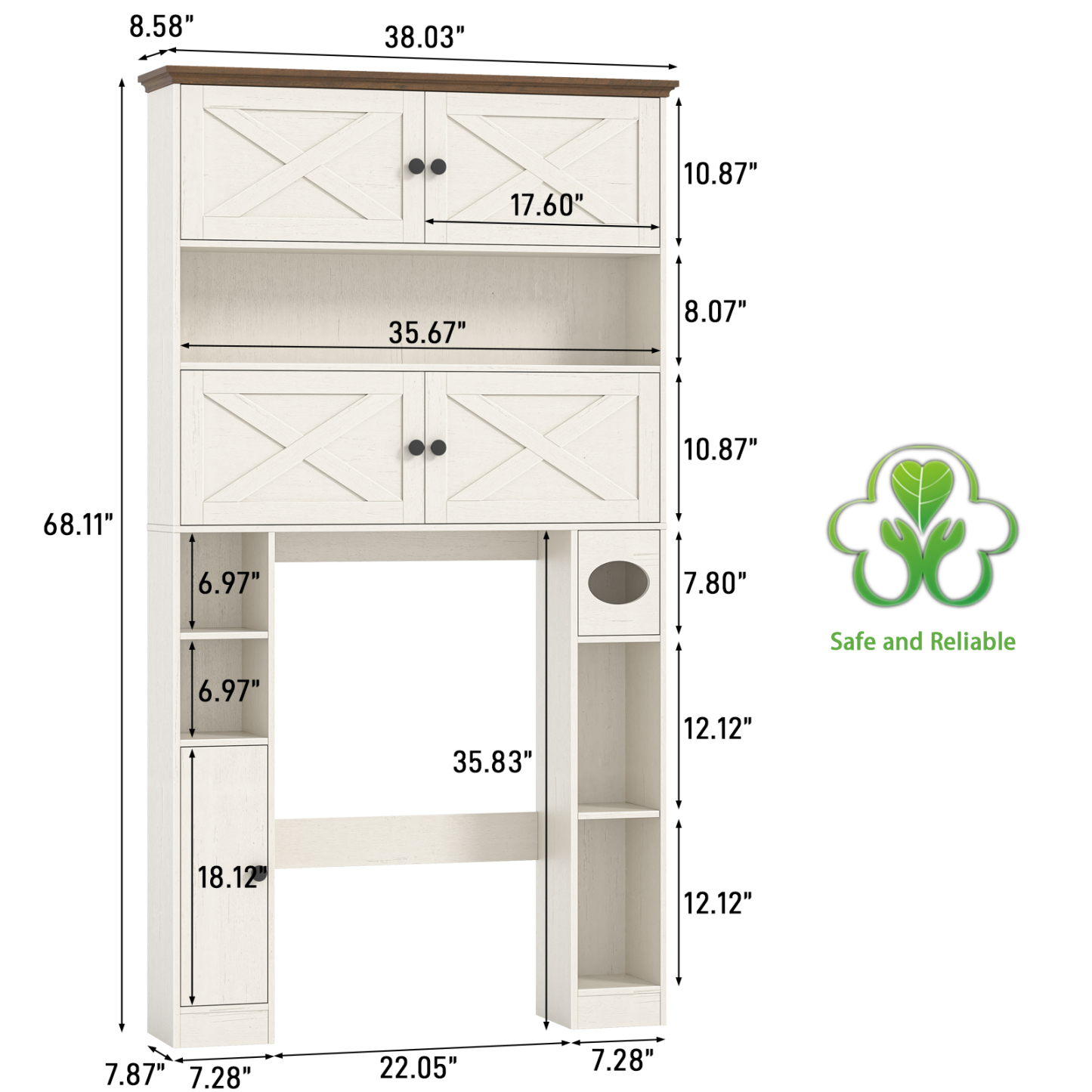 Over The Toilet Storage Cabinet, Farmhouse Storage Over Toilet with 4 Barn Doors & Adjustable Shelf, Space Saving Bathroom Organizer with Toilet Paper Holder Stand for Restroom, Bathroom, Laundry