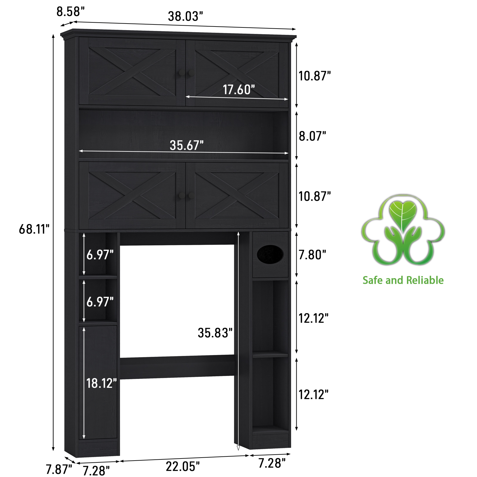 Over The Toilet Storage Cabinet, Farmhouse Storage Over Toilet with 4 Barn Doors & Adjustable Shelf, Space Saving Bathroom Organizer with Toilet Paper Holder Stand for Restroom, Bathroom, Laundry