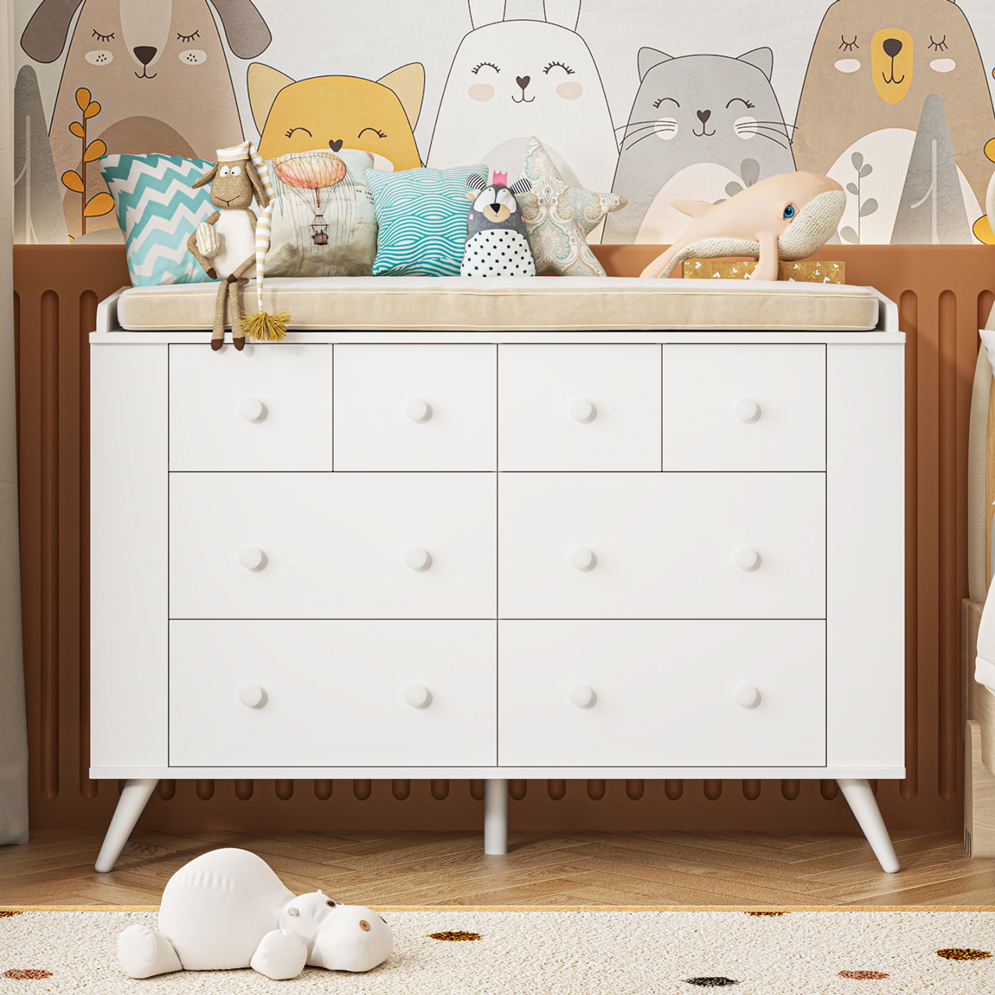 Vabkids Kids Dresser Cabinet with 8 Drawers, Changing Table for Nursery, White Chest of Drawers with Open Shelving, Baby Dresser, Kids Bedroom Furniture, Nightstand for Child' s Room, White