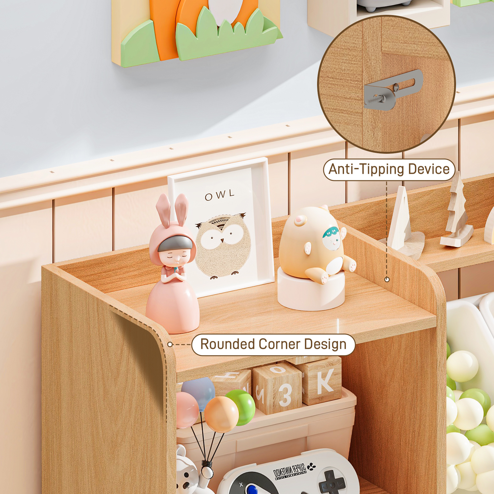 Toy Storage Organizer with Movable Drawer, Kids Bookshelf with 6 Toy Bins and 3-Tier Book Rack, Playroom Storage Organization with 2 Open Cubbies and 2 Cabinet for Living Room, Kids Room, Natural