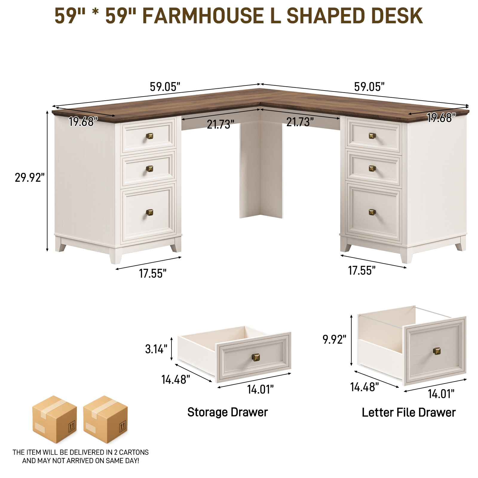 Halitaa 59'' Farmhouse L Shaped Desk with 6 Drawers, Large Rustic L Shaped Executive Desk with File Cabinet, Wood Writing Corner Computer Desk with Storage for Home Office, Work, Study, White and Brown