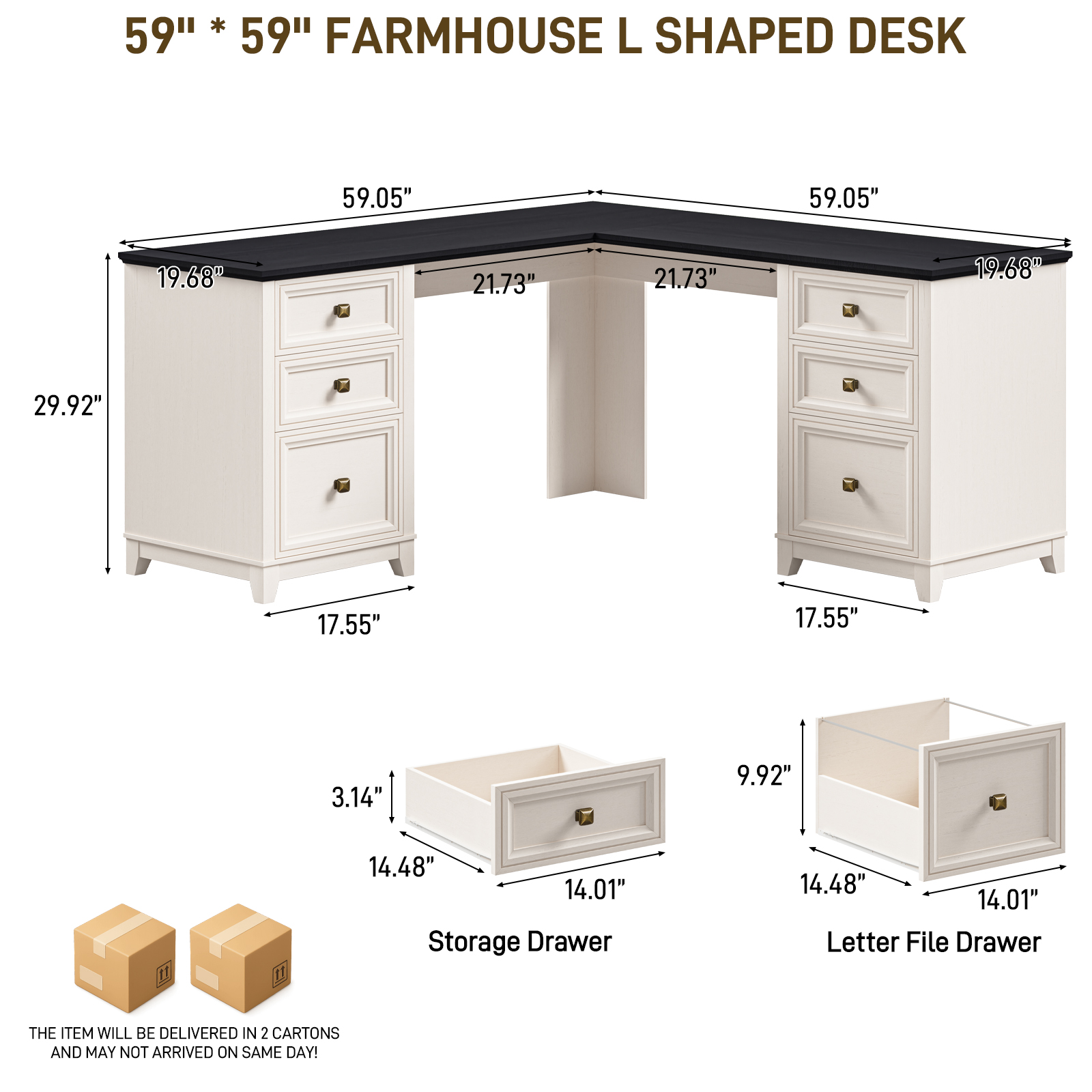 Halitaa 59'' Farmhouse L Shaped Desk with 6 Drawers, Large Rustic L Shaped Executive Desk with File Cabinet, Wood Writing Corner Computer Desk with Storage for Home Office, Work, Study, White and Brown