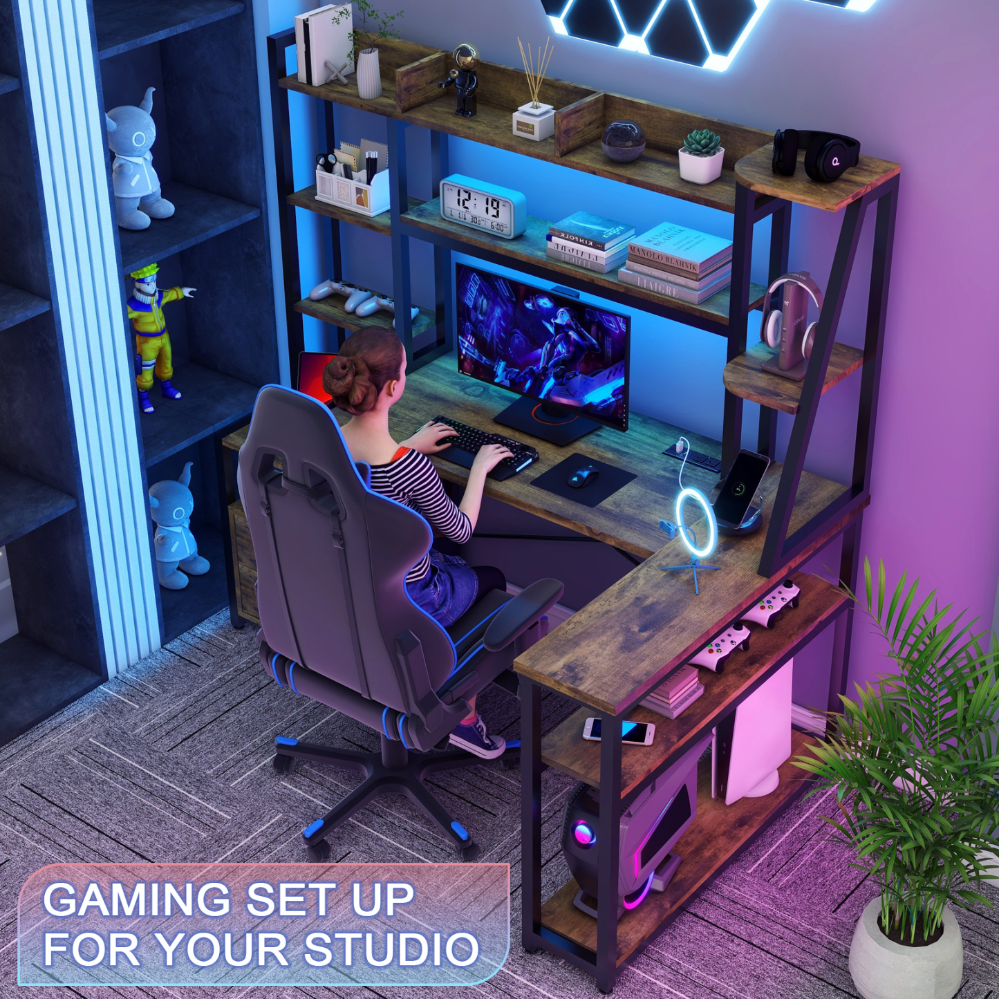 Vabches L Shape Computer Desk with LED Lights and Power Outlets, L Shaped Gaming Desk with 2 Drawers Hutch Monitor Stand