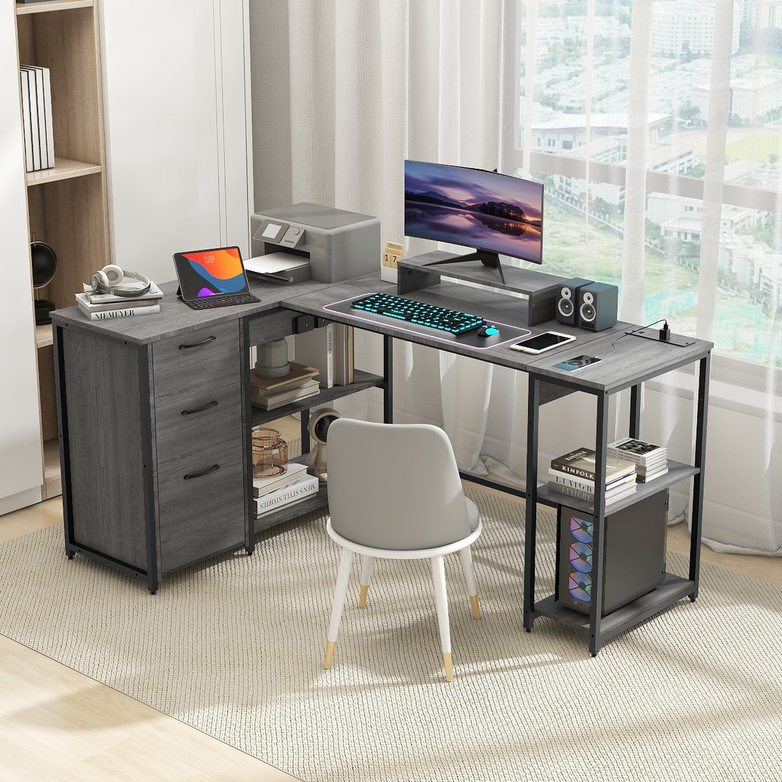 61" L Shaped Computer Desk with LED Lights and Power Outlets, Reversible L Shaped Gaming Desk with 3 Drawers Hutch Monitor Stand, Home Office Desk with USB Port