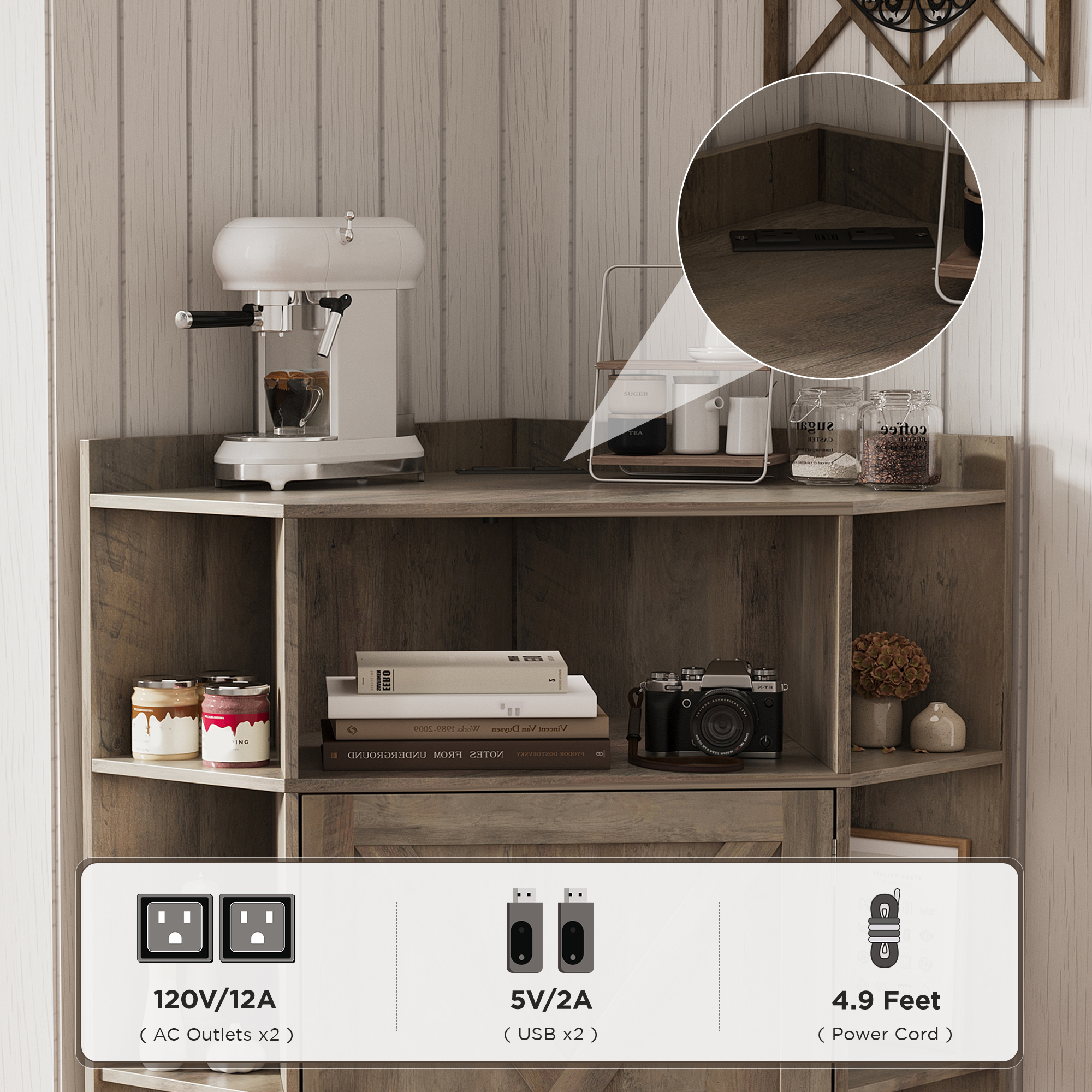 Vabches Corner Cabinet, Corner Storage Shelf with USB Ports and Outlets 6-Cubby Bookshelf