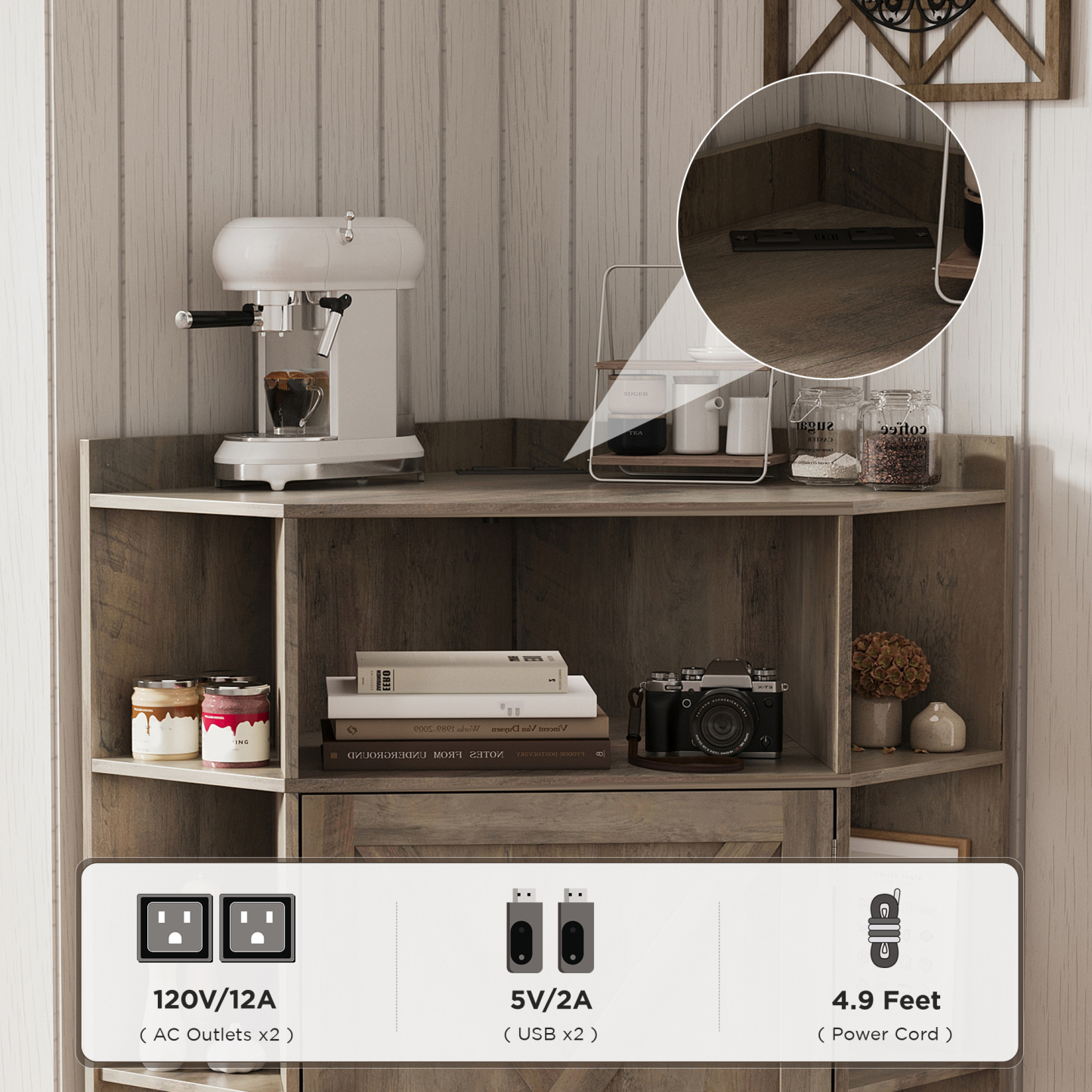 Vabches Corner Cabinet, Corner Storage Shelf with USB Ports and Outlets 6-Cubby Bookshelf