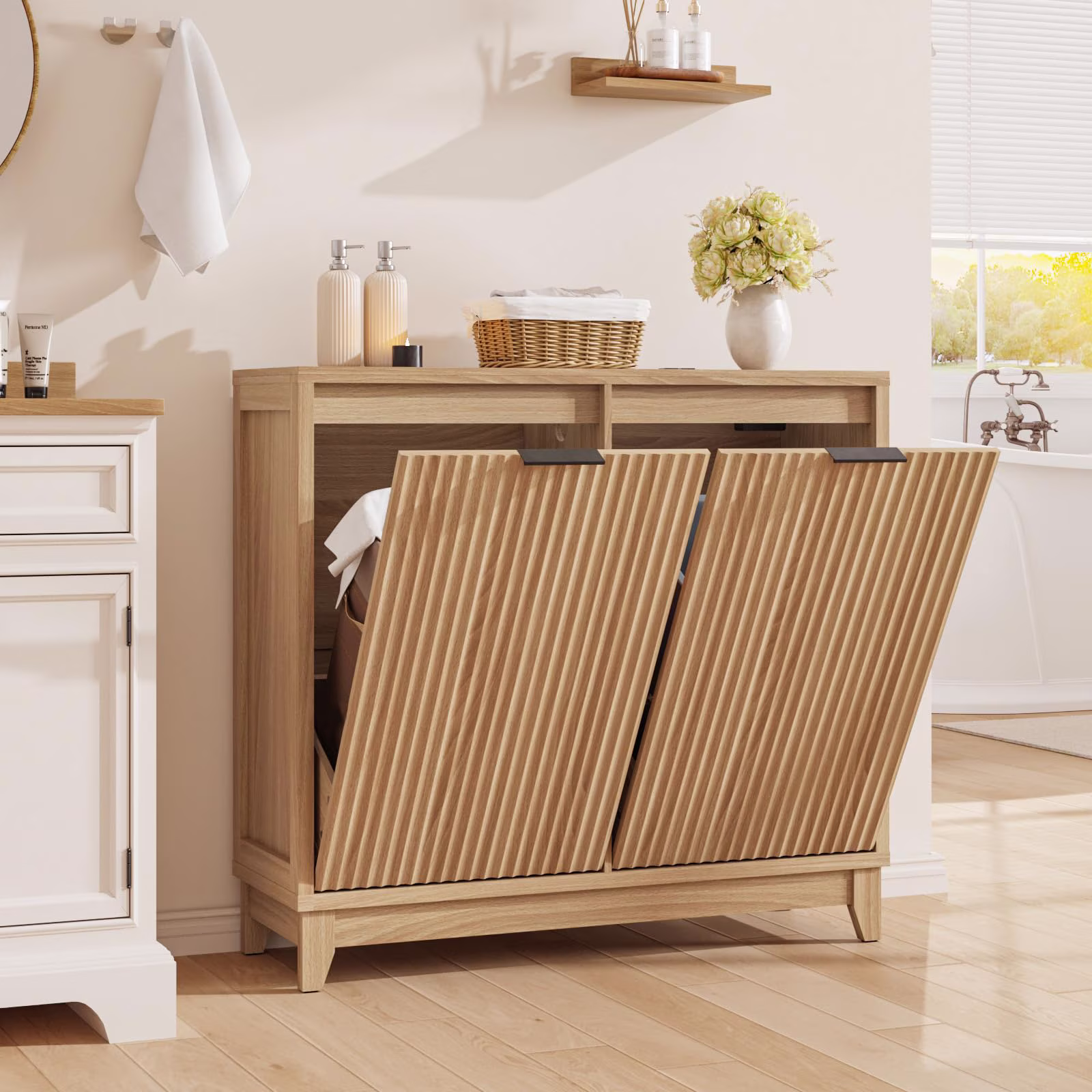 Conate 13 Gallon Double Tilt Out Trash Can Cabinet - Farmhouse Wood Kitchen Trash Cabinet with Odor Control, Hidden 2-Bin Garbage Storage Cabinet with Drawer & Charging Station,Natural