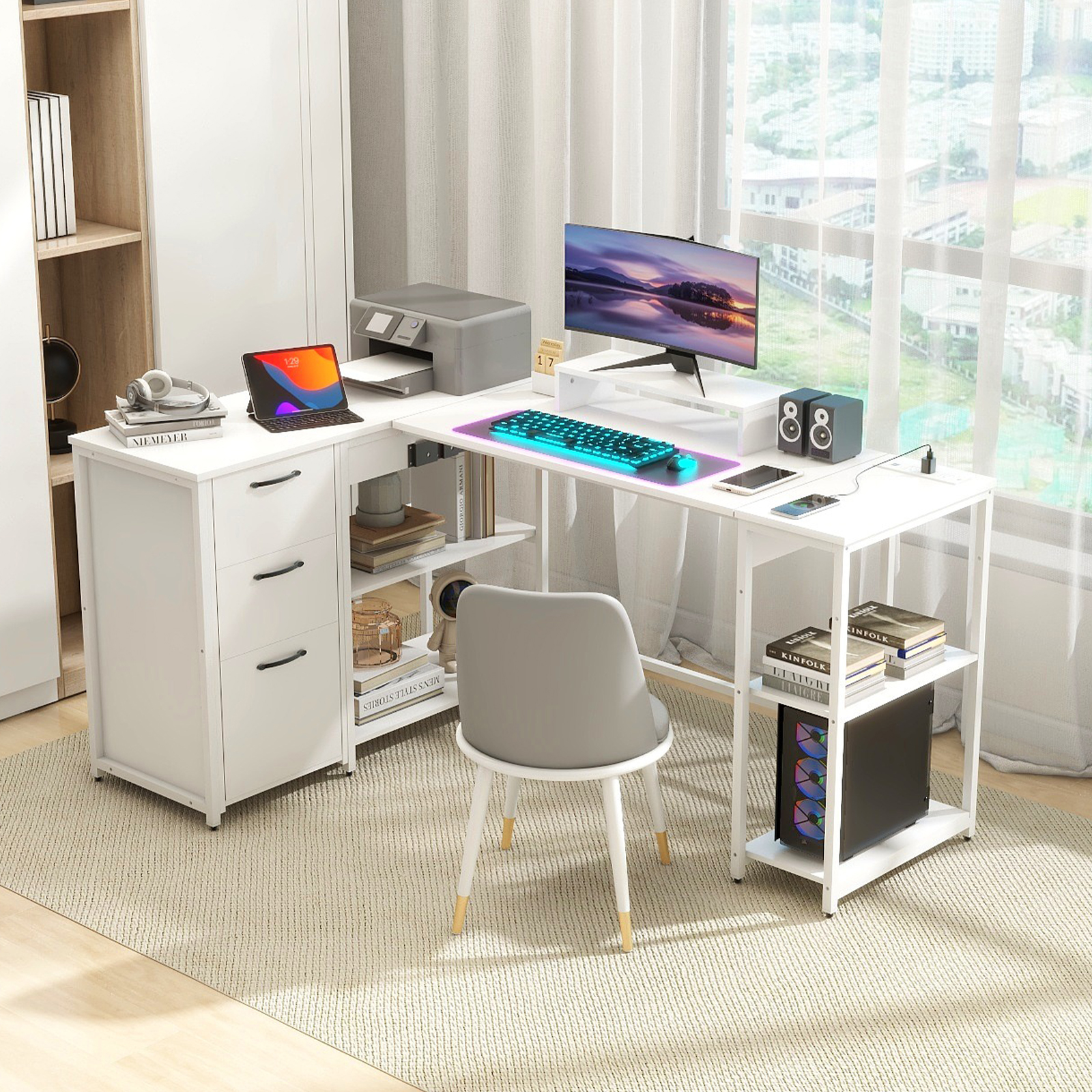 Vabches 61" L Shaped Computer Desk with LED Lights and Power Outlets, Reversible L Shaped Gaming Desk with 3 Drawers Hutch for Adolescents and adults