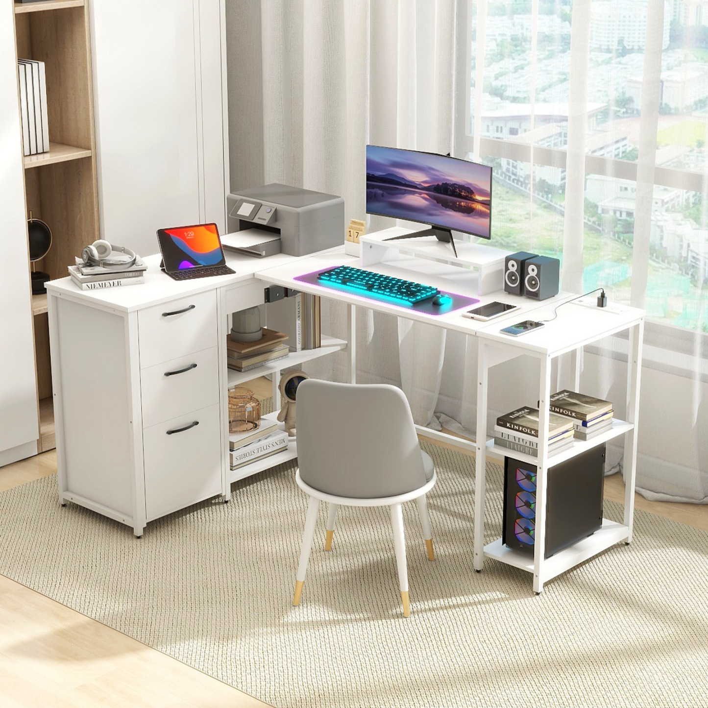 Vabches 61" L Shaped Computer Desk with LED Lights and Power Outlets, Reversible L Shaped Gaming Desk with 3 Drawers Hutch for Adolescents and adults