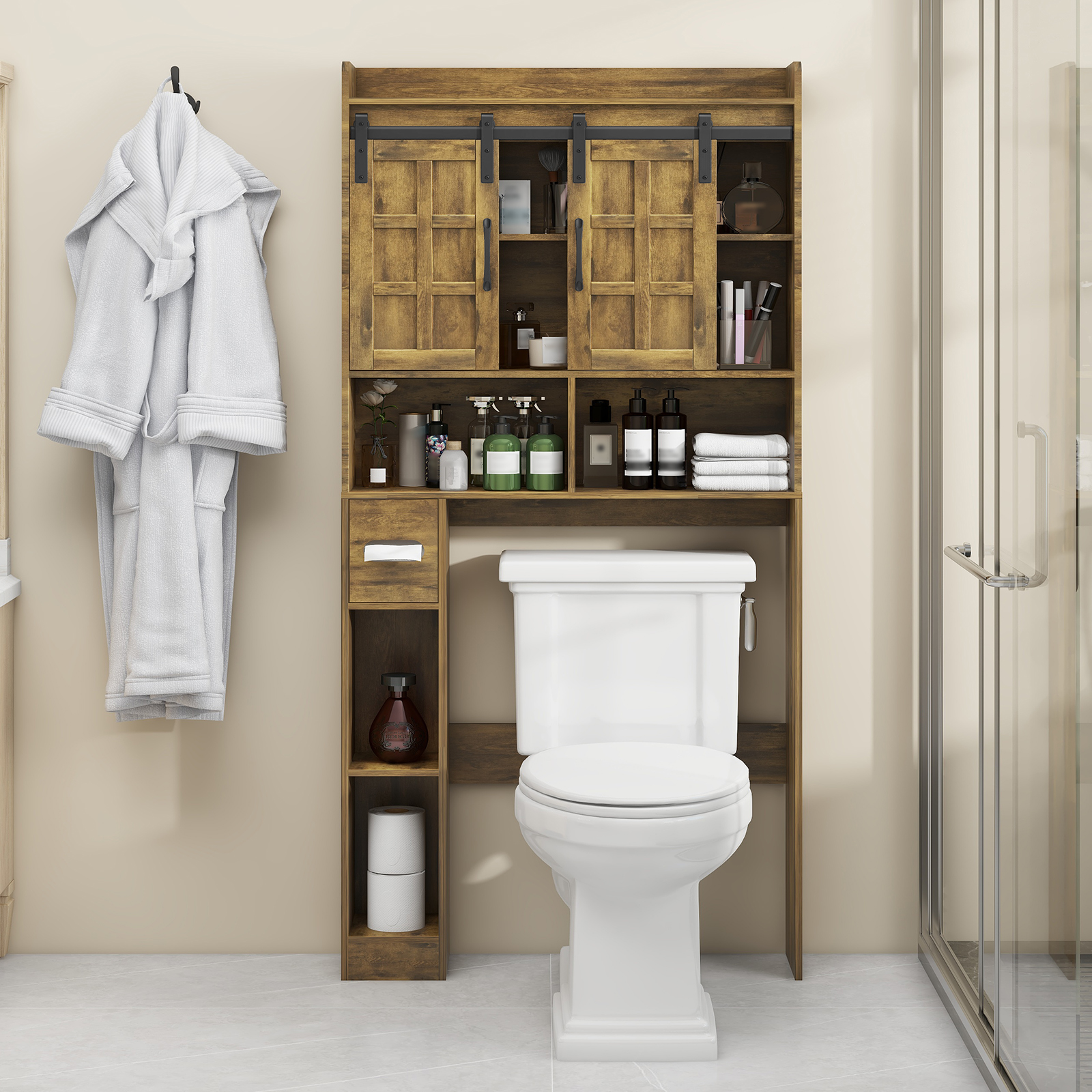 Halitaa Over The Toilet Storage Cabinet, Farmhouse Storage Cabinet Over Toilet with Sliding Doors，Home Space-Saving Toilet Rack, for Bathroom, Restroom, Laundry. Brown