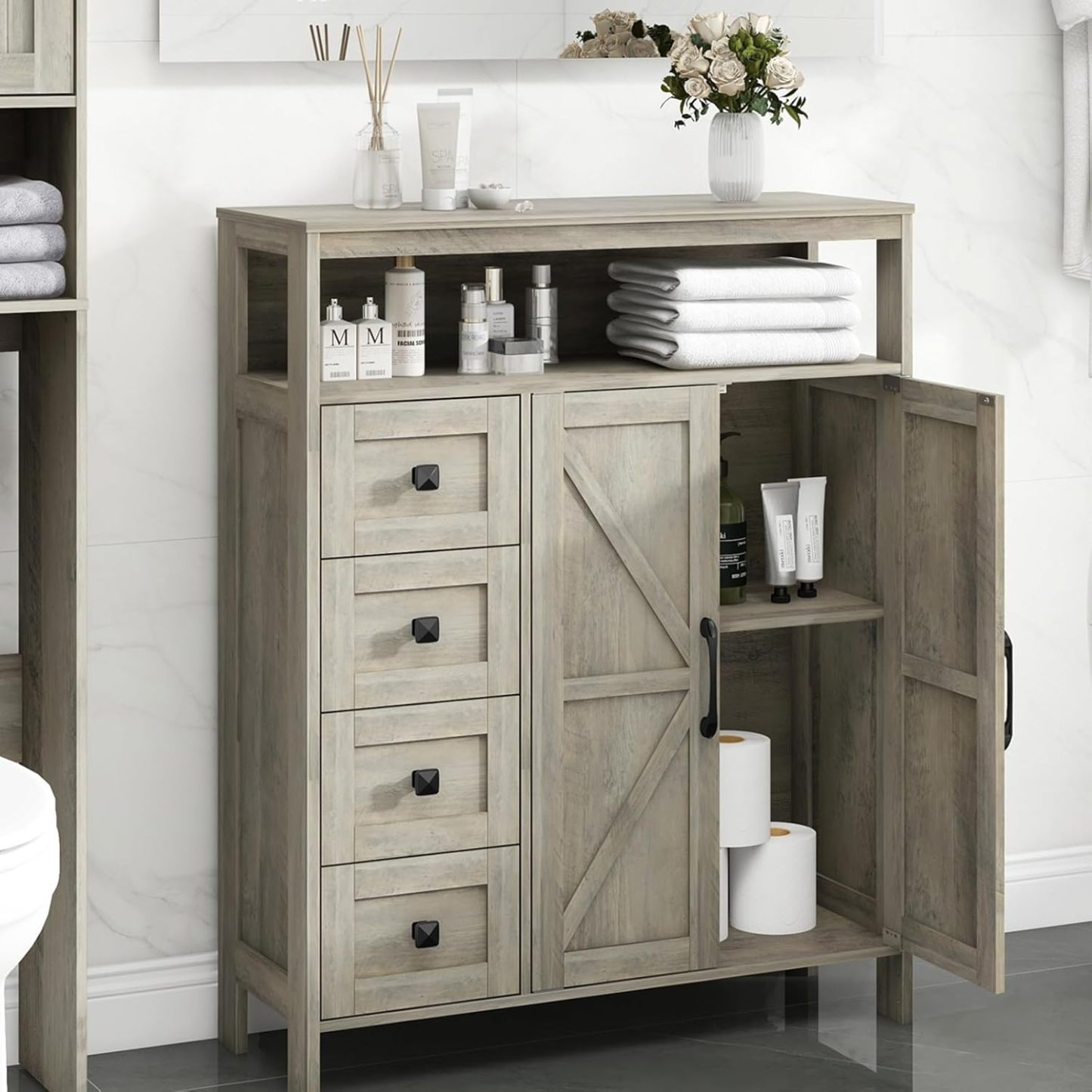 VEANERWOOD Farmhouse Bathroom Storage Cabinet with 4 Drawers and Adjus