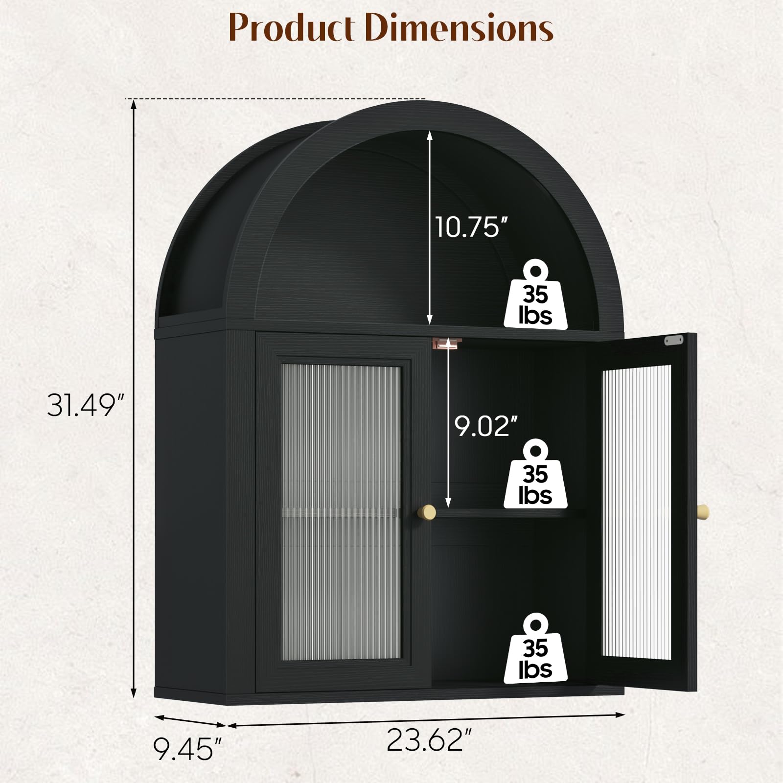 Halitaa Arched Wall Cabinet Over The Toilet Storage Cabinet, 23.6×31.5'' Wood Cabinet, bathroom cabinet wall mount with Acrylic Doors & Adjustable Shelves for Bathroom Laundry Room, Bedroom Kitchen, Black