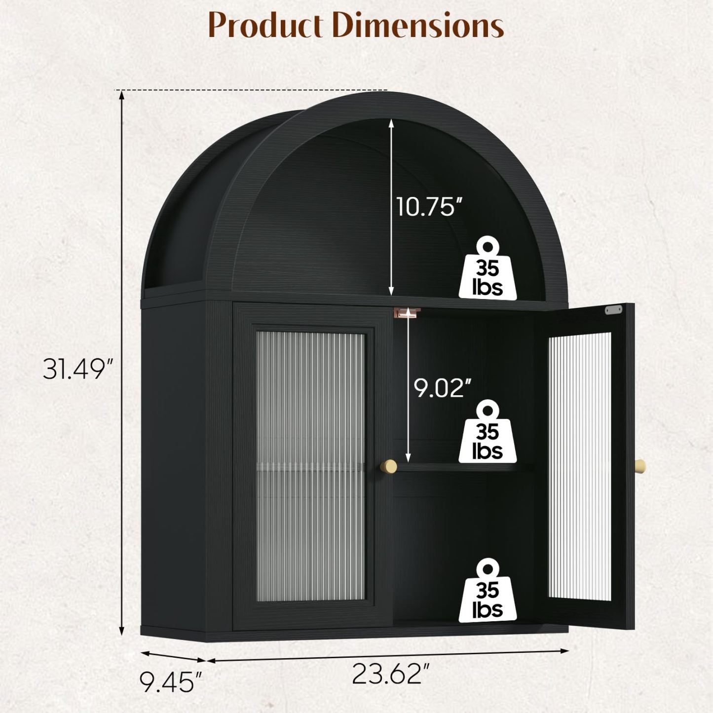 Halitaa Arched Wall Cabinet Over The Toilet Storage Cabinet, 23.6×31.5'' Wood Cabinet, bathroom cabinet wall mount with Acrylic Doors & Adjustable Shelves for Bathroom Laundry Room, Bedroom Kitchen, Black