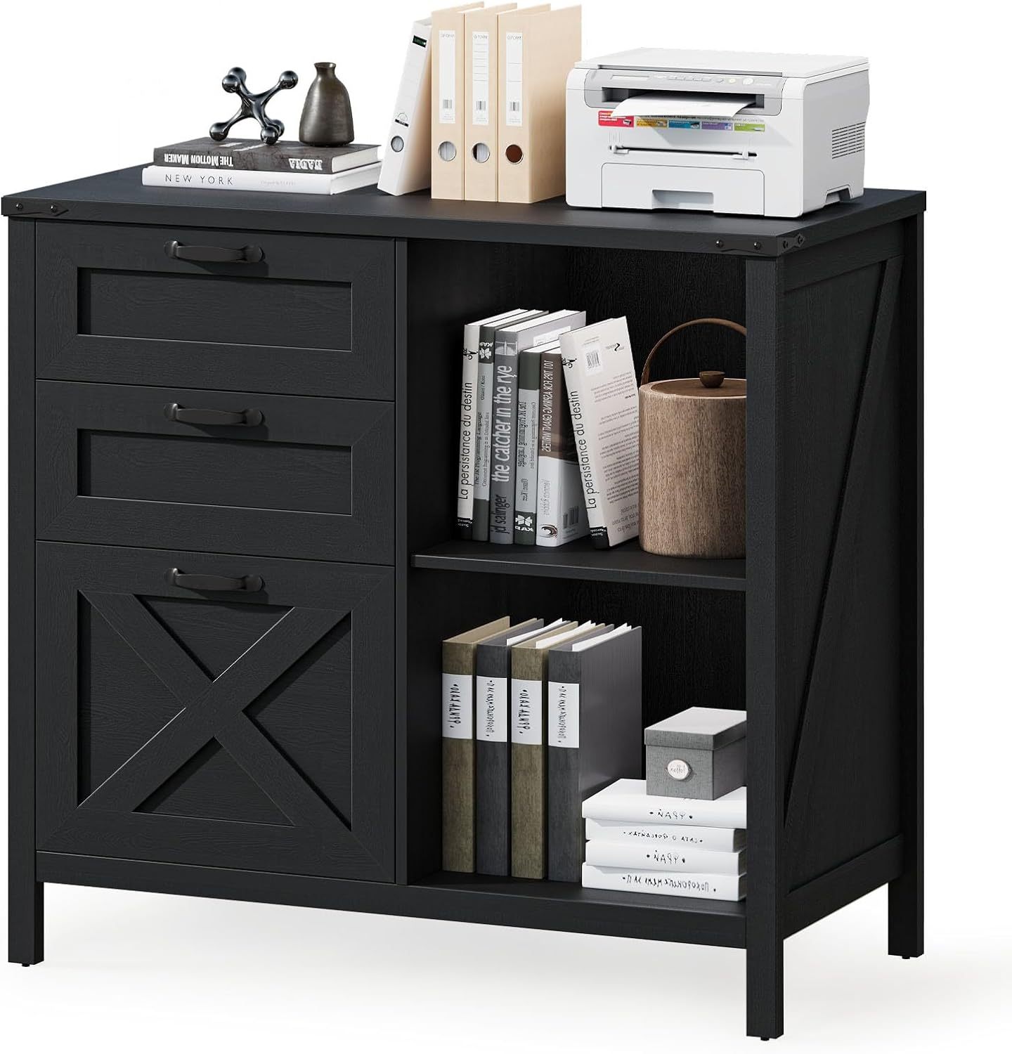 Halitaa 3 Drawer File Cabinet, Farmhouse Lateral Filing Cabinet Fits Files Letter or A4 Size, Wooden Printer Stand with Open Storage Adjustable Shelf for Home Office