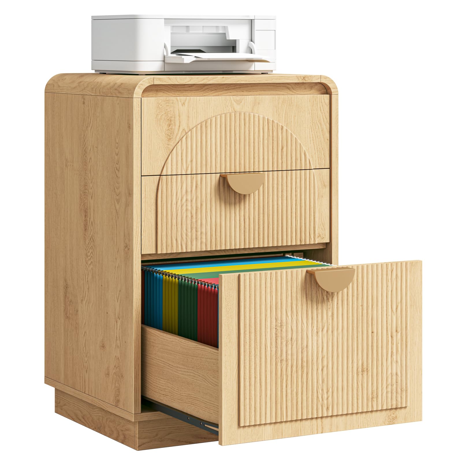 Halitaa Fluted 3 Drawers Vertical File Cabinet , Small Filing Cabinet Fits Letter/A4 Size, Modern Storage Cabinet with Curved Corners & Metal Handle, Wooden Printer Stand for Home Office, Natural