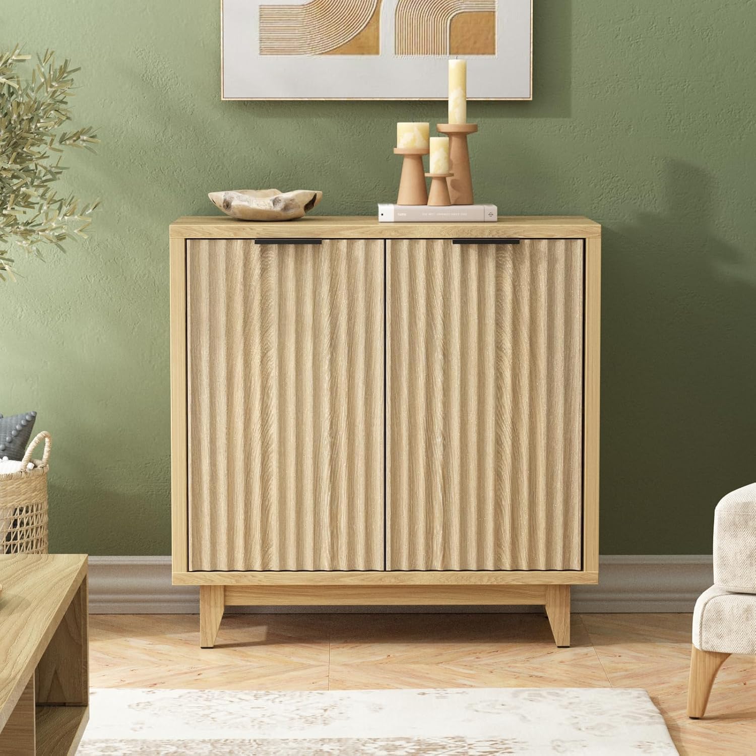 VEANERWOOD Fluted Cabinet with Storage, 2 Doors Sideboard Buffet Cabinet Modern Accent Cabinet
