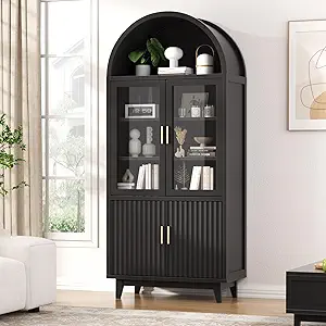 VEANERWOOD 71" Tall Arch Cabinet, Wood Kitchen Storage Cabinet with 4 Doors and 6 Shelves for Dining Room Living Room