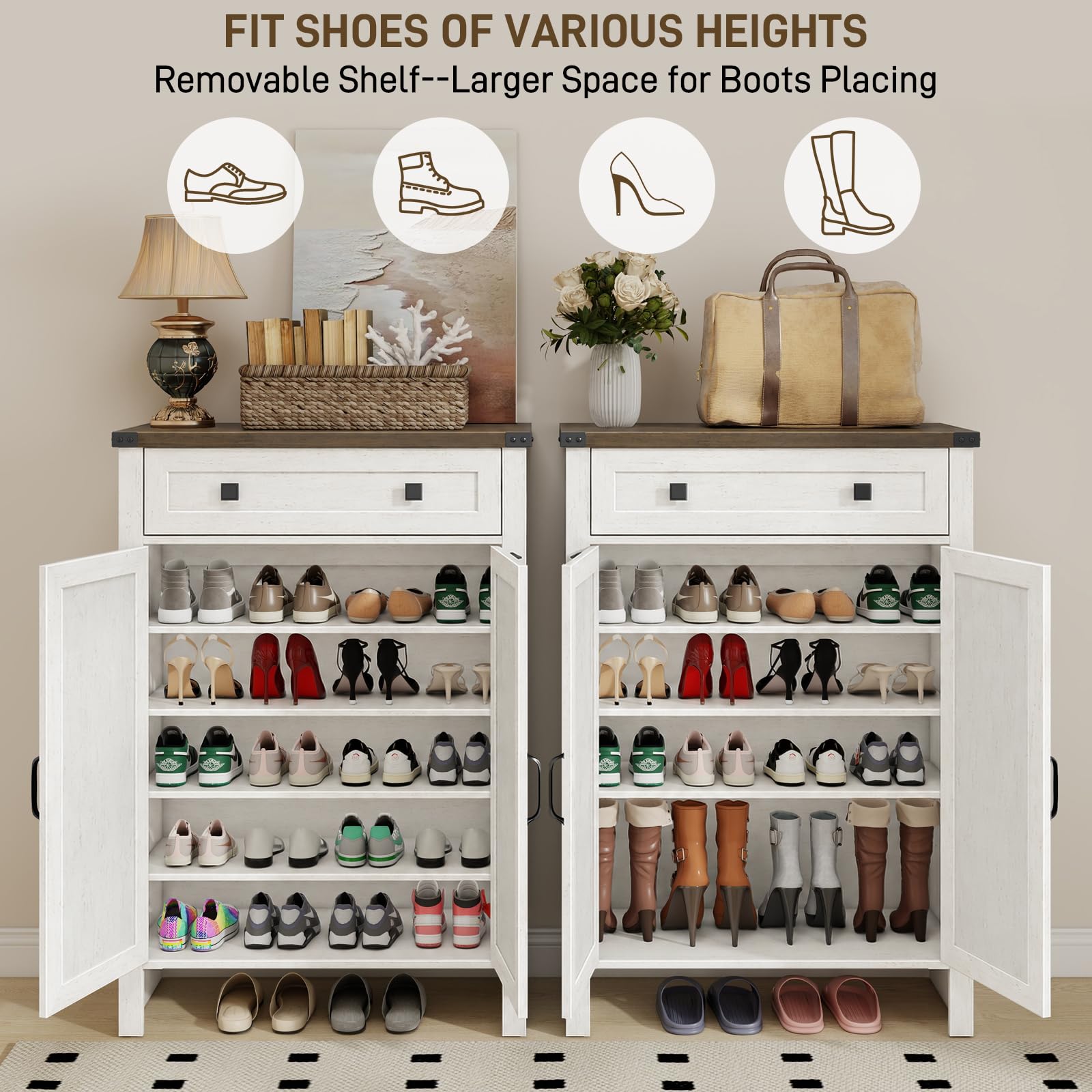 Halitaa Shoe Cabinet, Farmhouse Shoe Storage Organizer, Shoe Storage Cabinet with Doors & Drawer, Boots High-Shoe Cabinet Organizer for Entryway Living Room Hallway, Rustic White