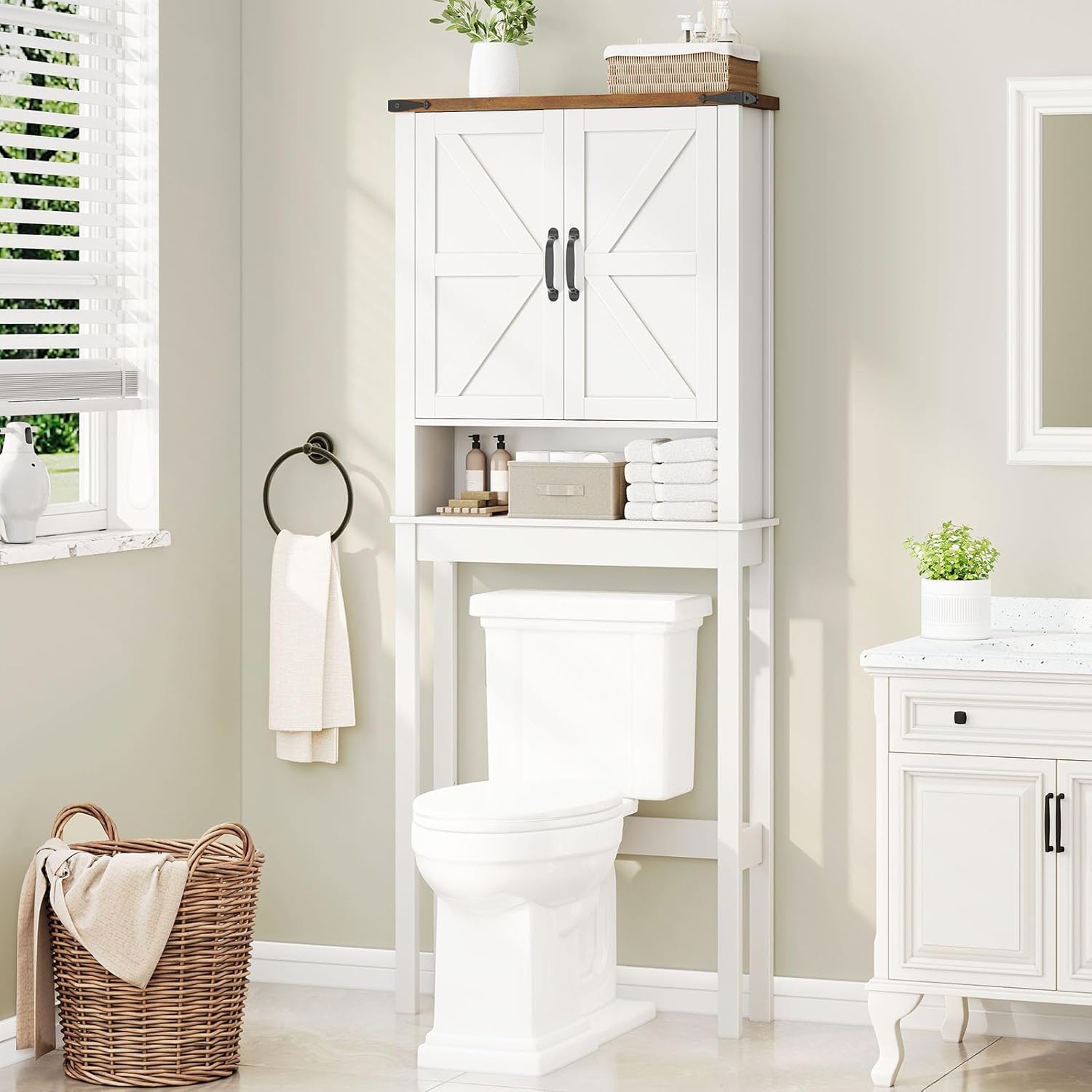 Over The Toilet Storage Cabinet, Farmhouse Over Toilet Bathroom Organizer with 2 Barn Doors, Narrow Above Toilet Storage Cabinet, Behind Toilet Bathroom Organizer