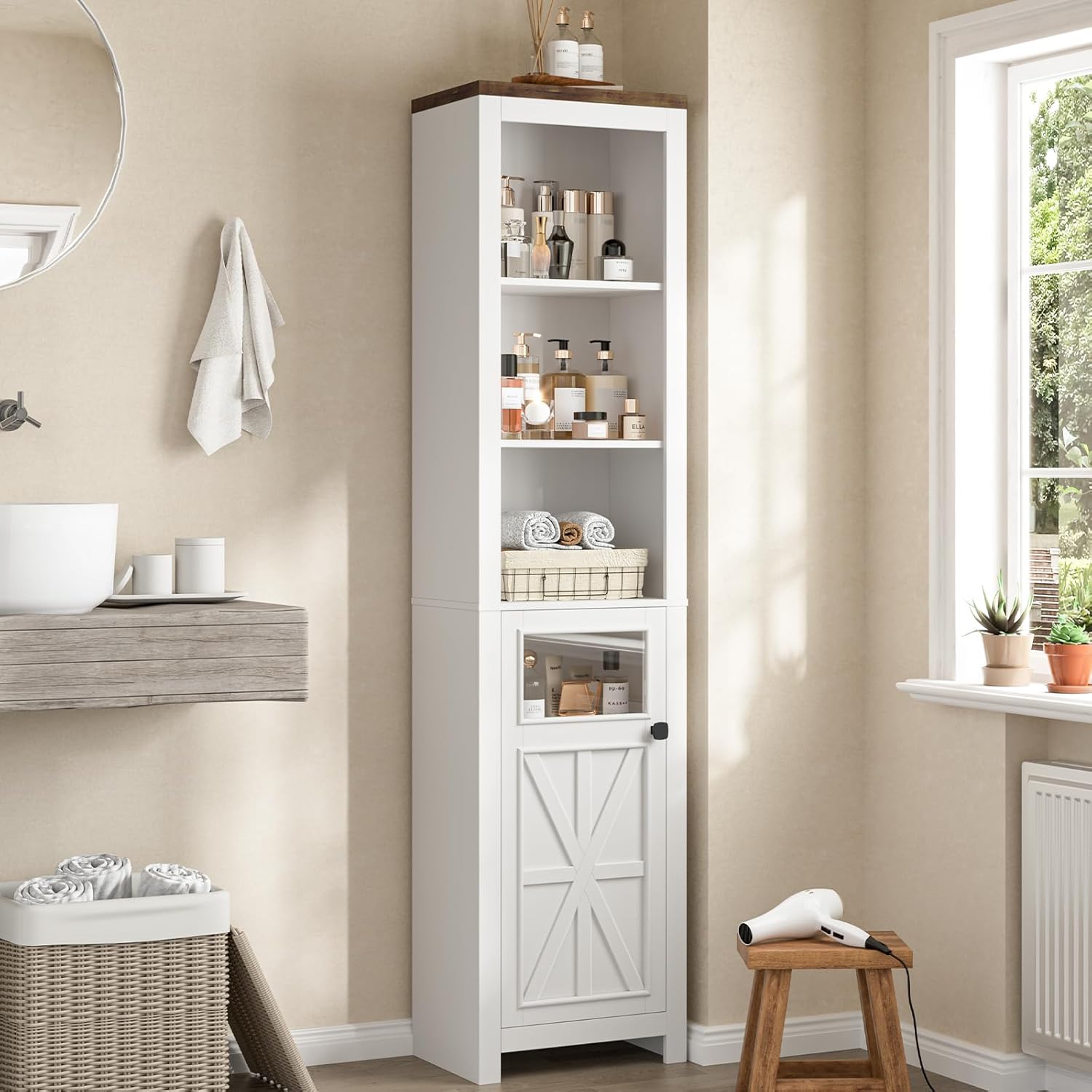 Tall Bathroom Cabinet, Freestanding Narrow Tall Storage Cabinet with Door and Adjustable Shelves, Multifunctional Floor Storage Cabinets for Bathroom, Kitchen, White