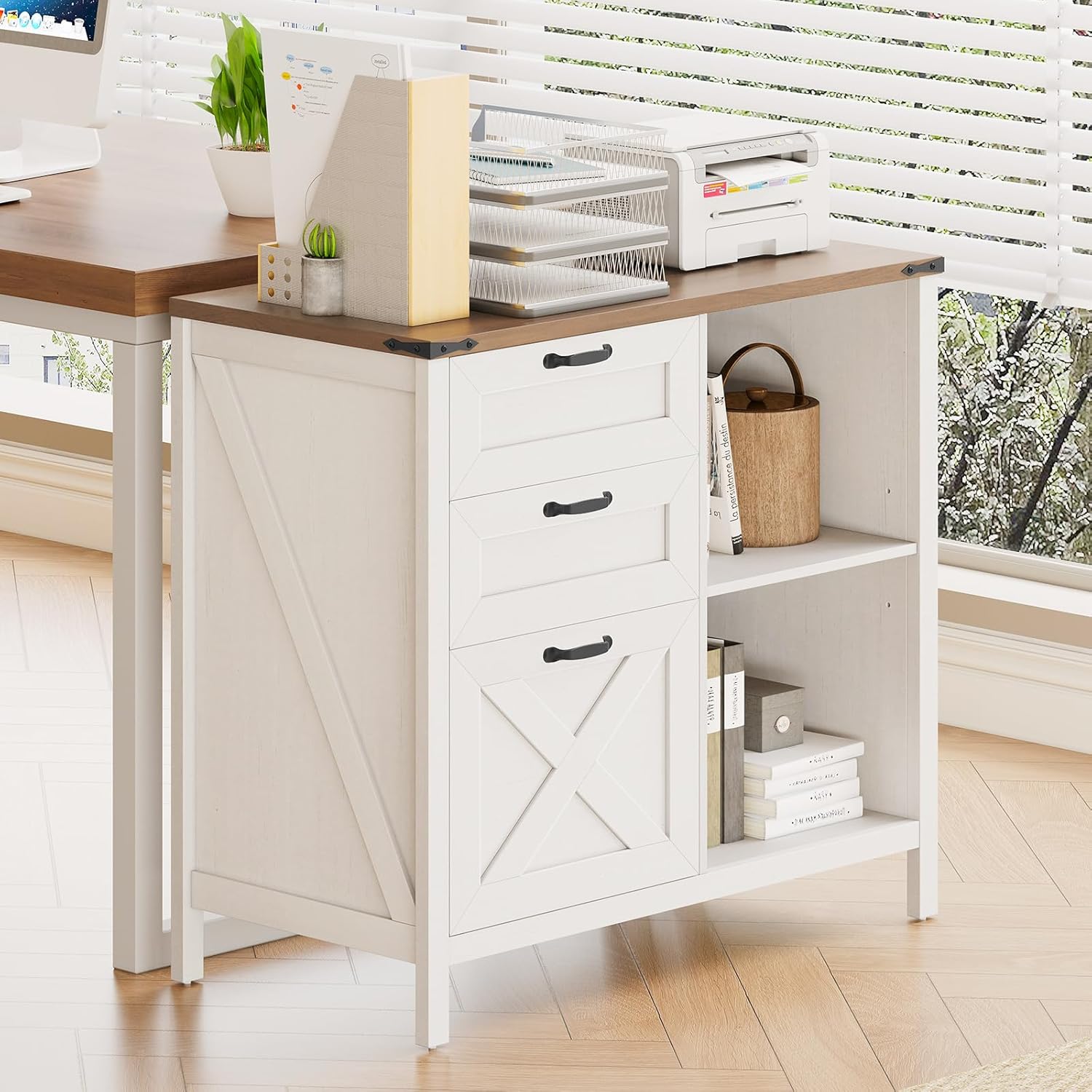 Halitaa 3 Drawer File Cabinet, Farmhouse Lateral Filing Cabinet Fits Files Letter or A4 Size, Wooden Printer Stand with Open Storage Adjustable Shelf for Home Office
