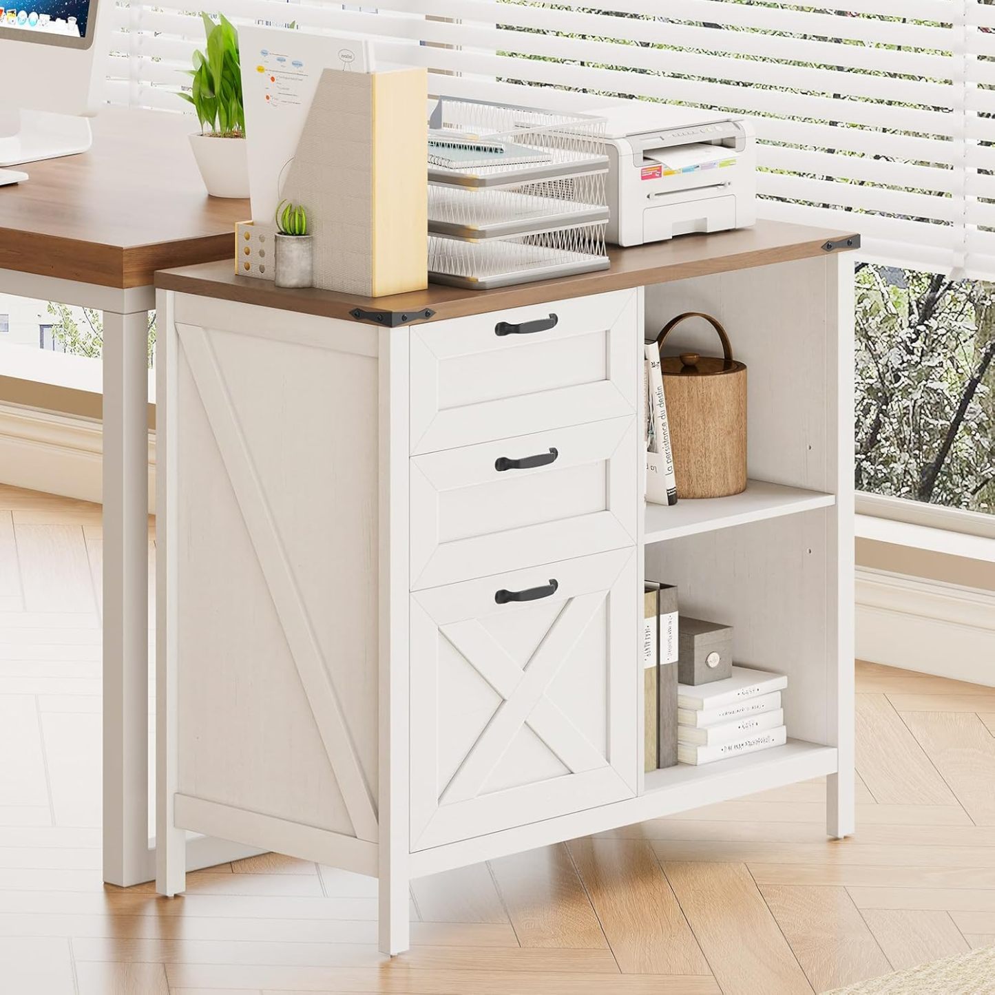 Halitaa 3 Drawer File Cabinet, Farmhouse Lateral Filing Cabinet Fits Files Letter or A4 Size, Wooden Printer Stand with Open Storage Adjustable Shelf for Home Office